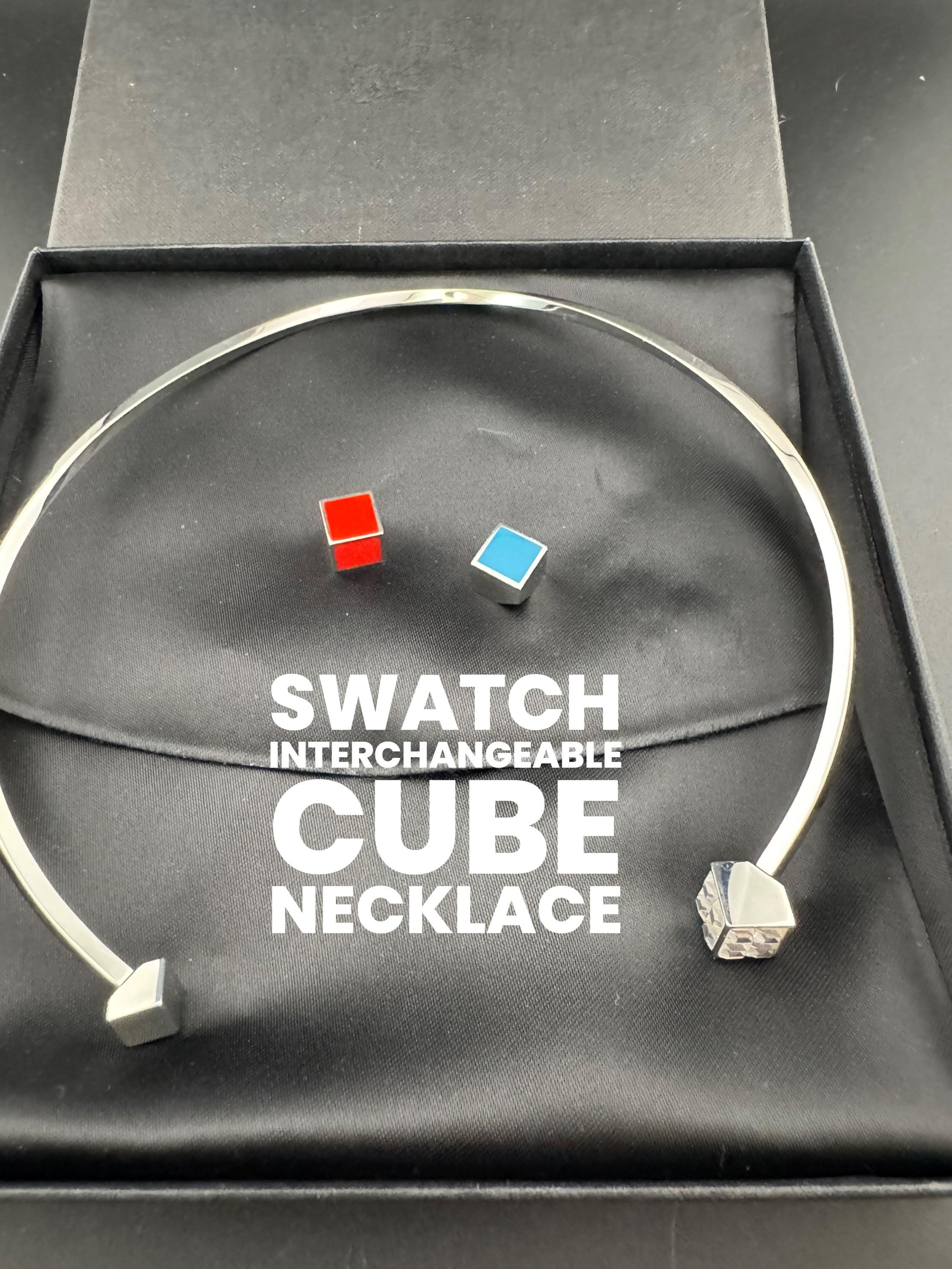 Retro SWATCH Choker Necklace: Silver Plated Torque, Enamel & Rhinestone Cubes