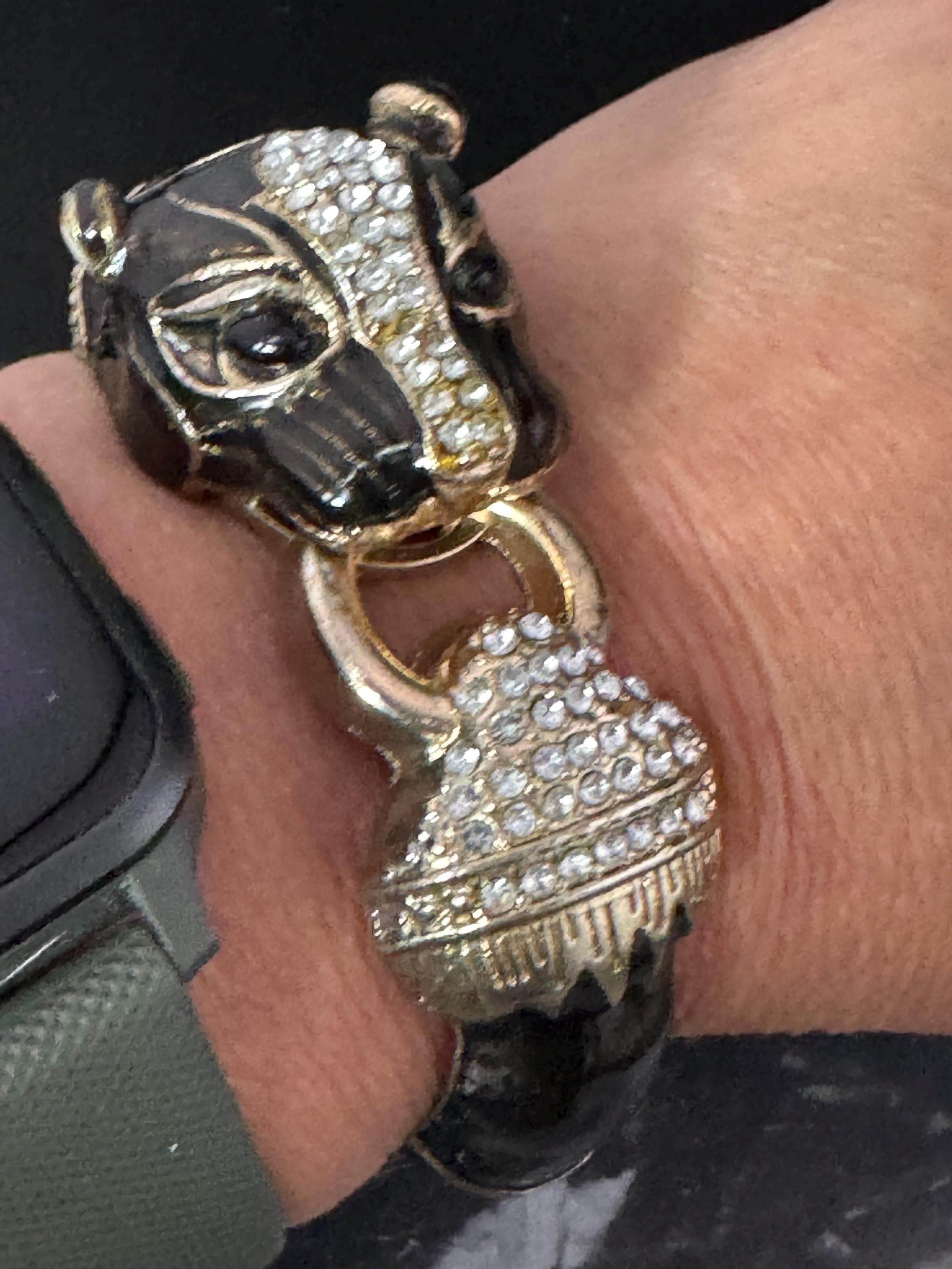 Vintage 80s Black Enamel Clamper Bangle: Diamanté Big Cat Bracelet