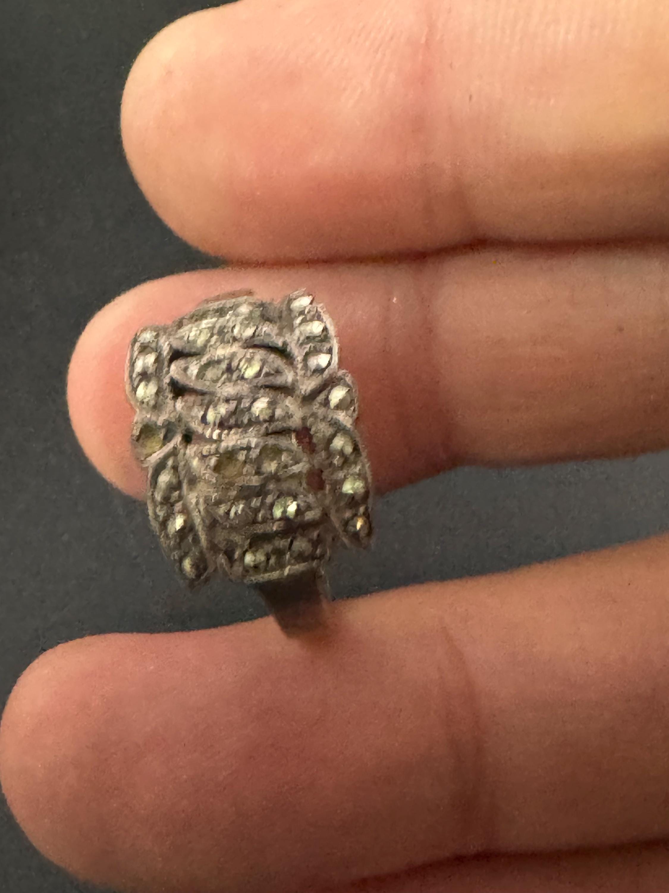 Size N marcasite gem set dress ring, 925 sterling silver
