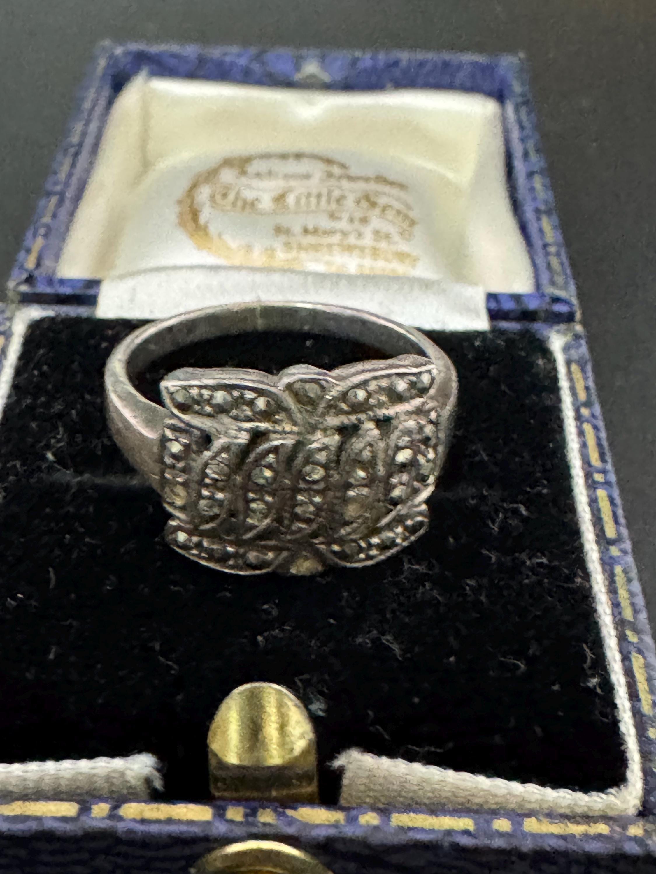 Size N marcasite gem set dress ring, 925 sterling silver