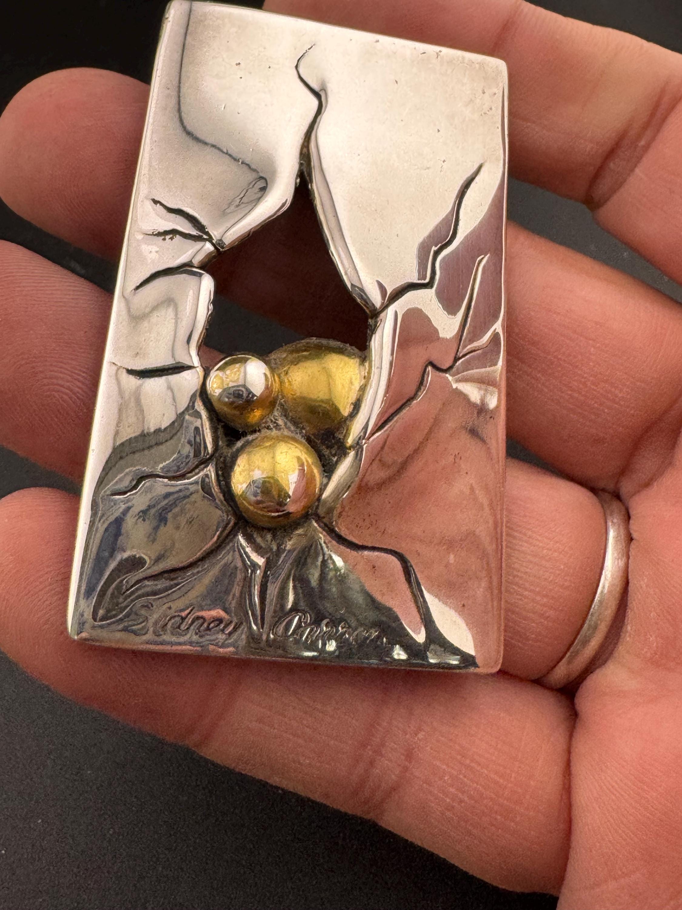 Signed SIDNEY CARRON Paris French designer large silver tone modernist brooch