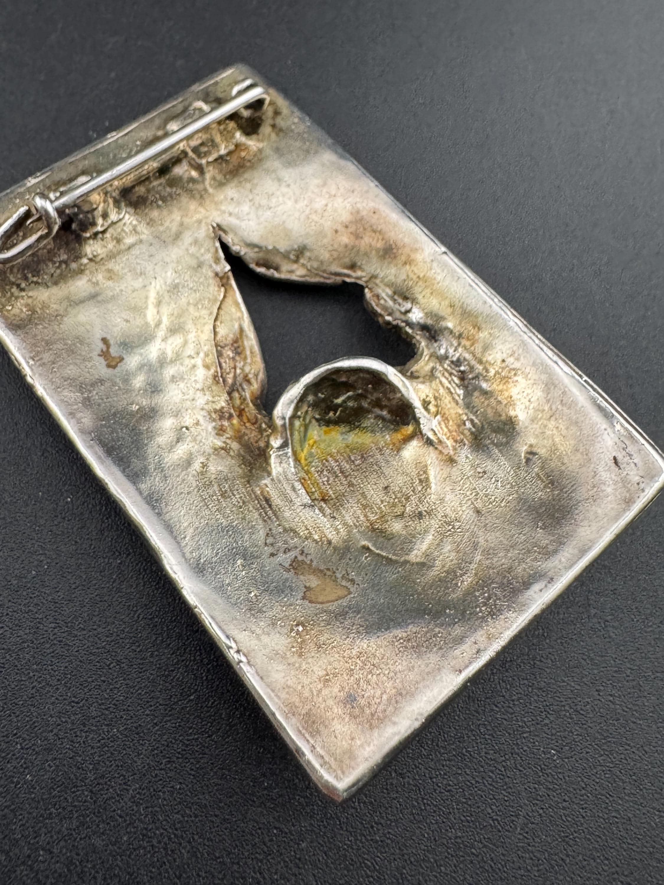 Signed SIDNEY CARRON Paris French designer large silver tone modernist brooch