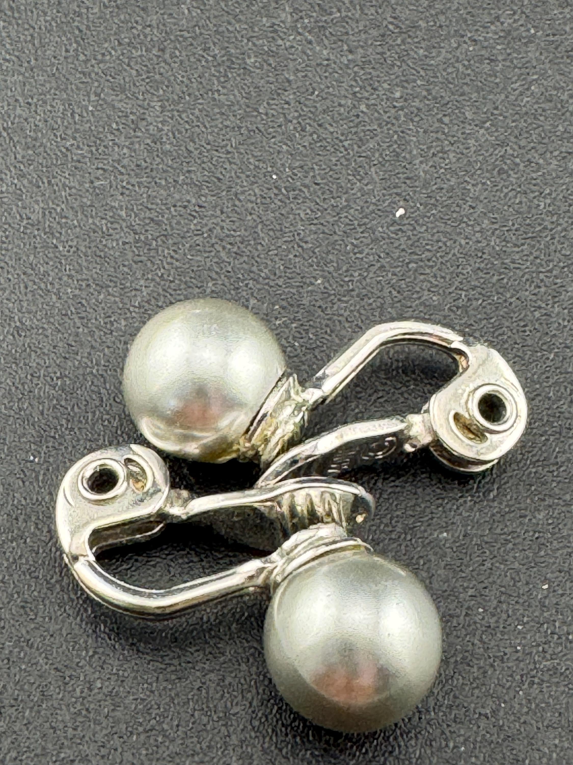 Vintage Monet Faux Pearl Clip On Earrings: Silver Tone Ball Studs