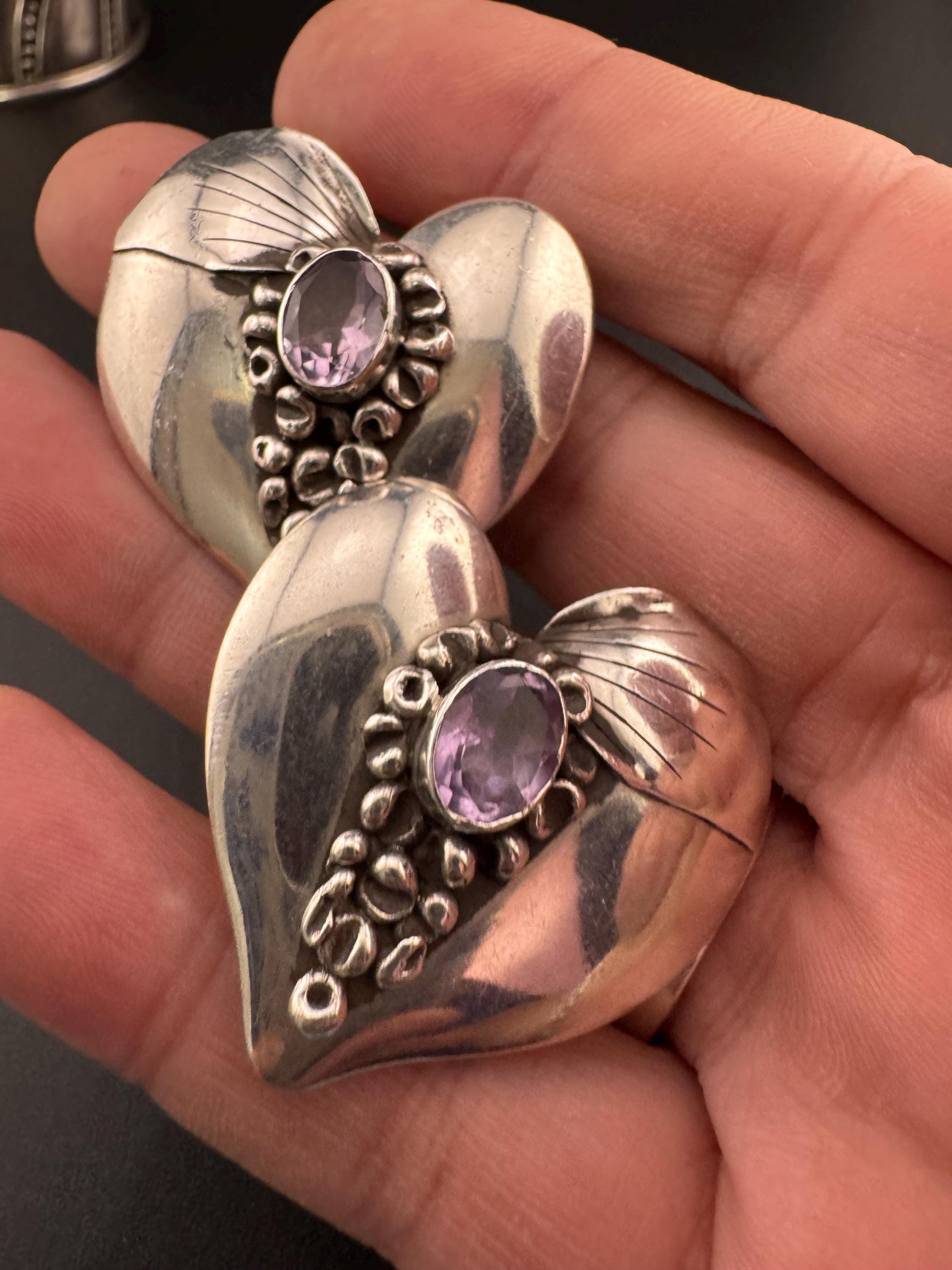 Amethyst Heart Clip On Earrings: Modernist 925 Vintage Sterling Silver