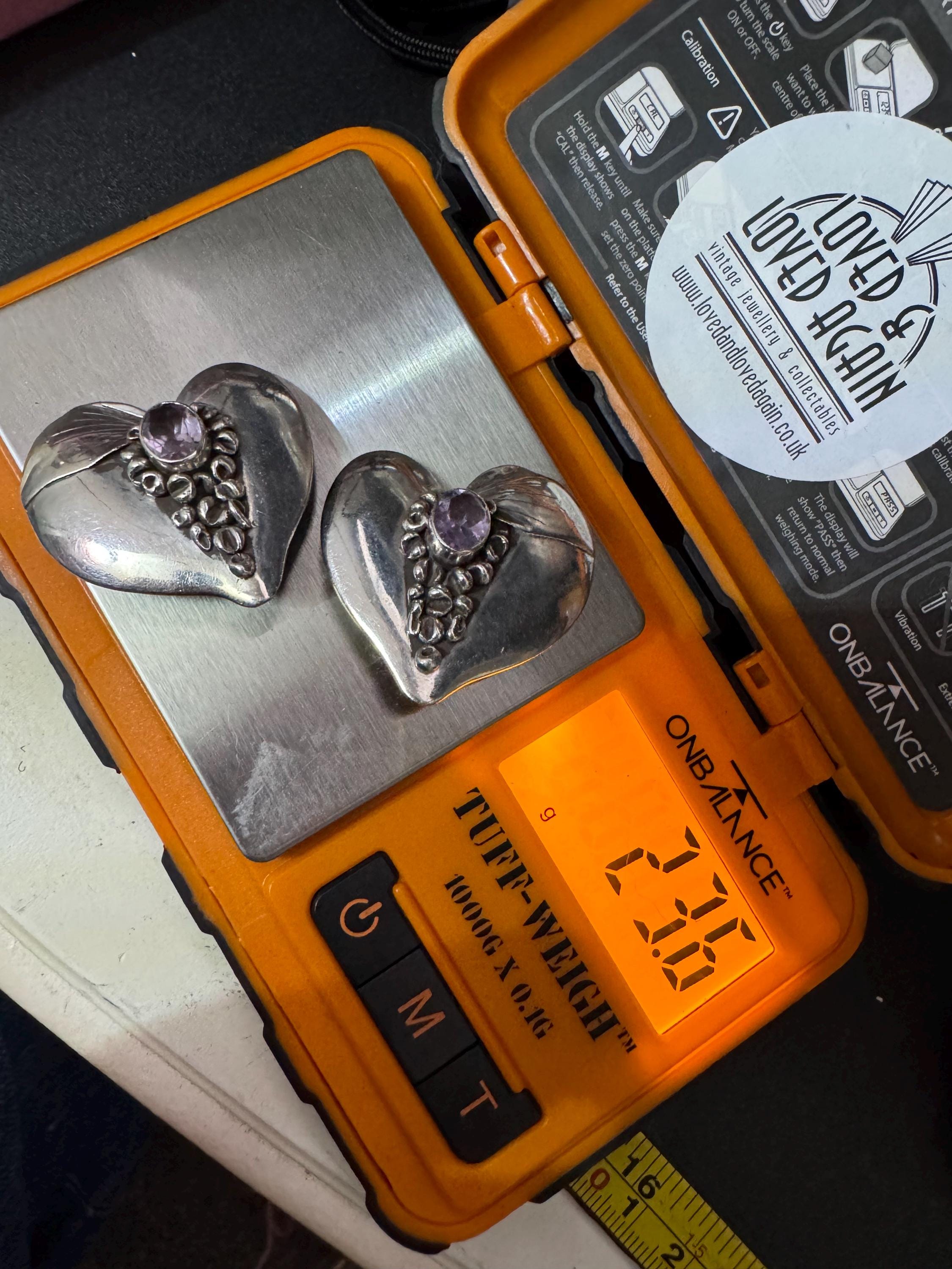 Amethyst Heart Clip On Earrings: Modernist 925 Vintage Sterling Silver