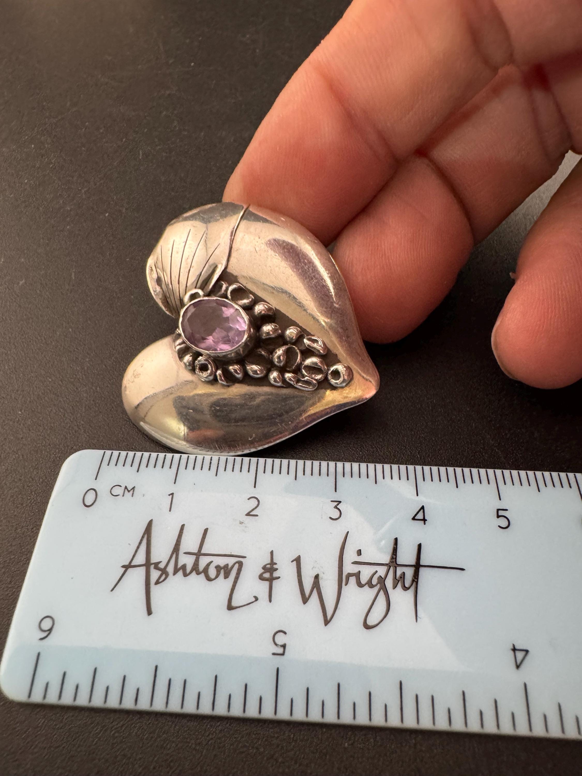 Amethyst Heart Clip On Earrings: Modernist 925 Vintage Sterling Silver