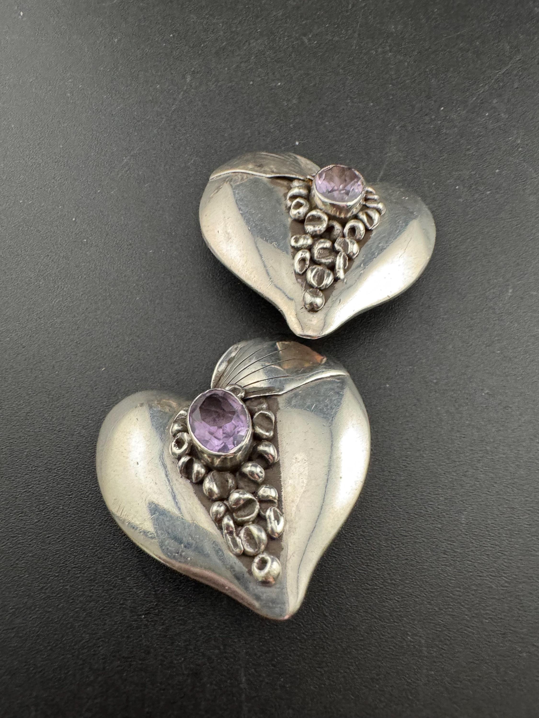 Amethyst Heart Clip On Earrings: Modernist 925 Vintage Sterling Silver