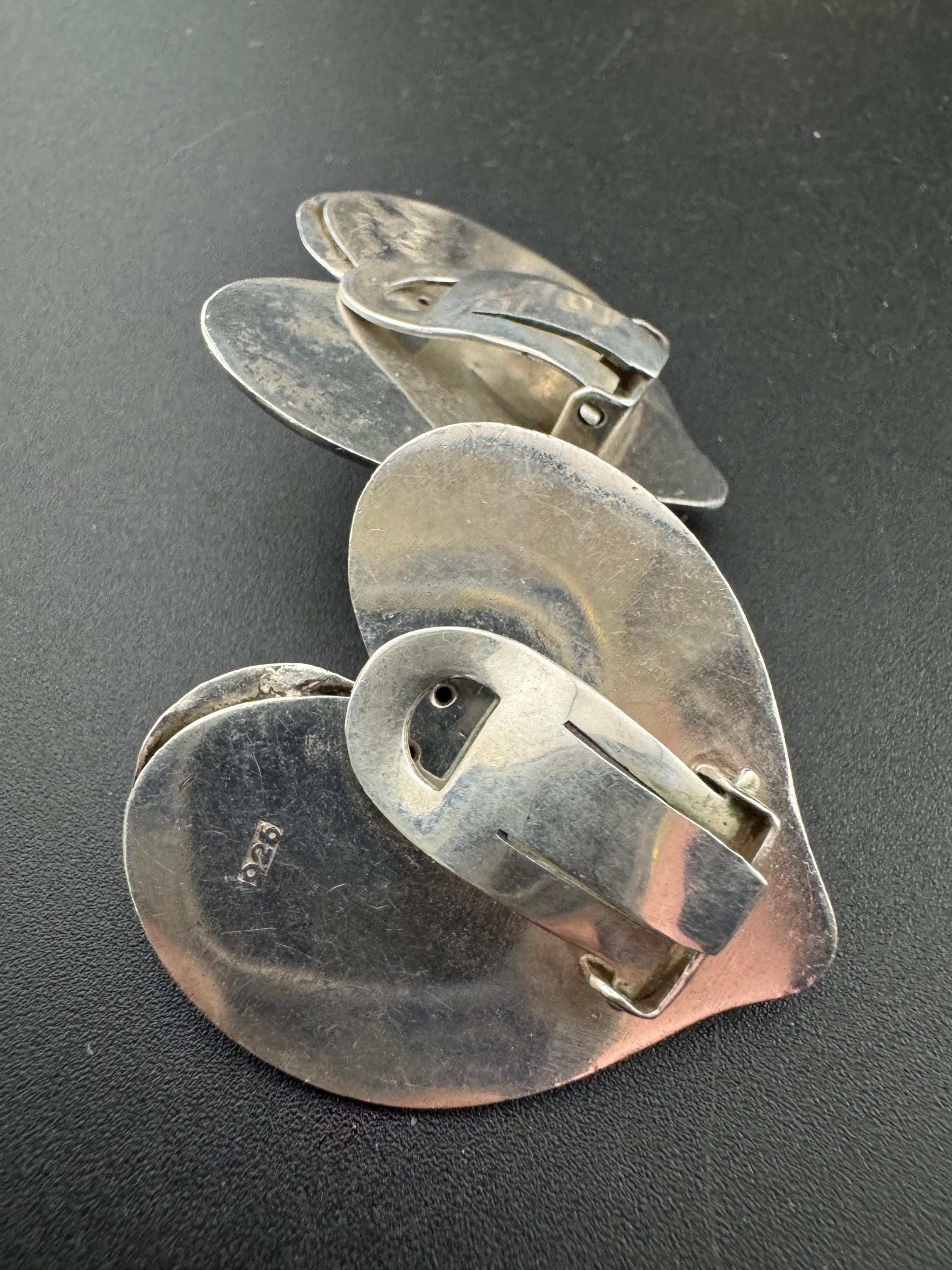 Amethyst Heart Clip On Earrings: Modernist 925 Vintage Sterling Silver