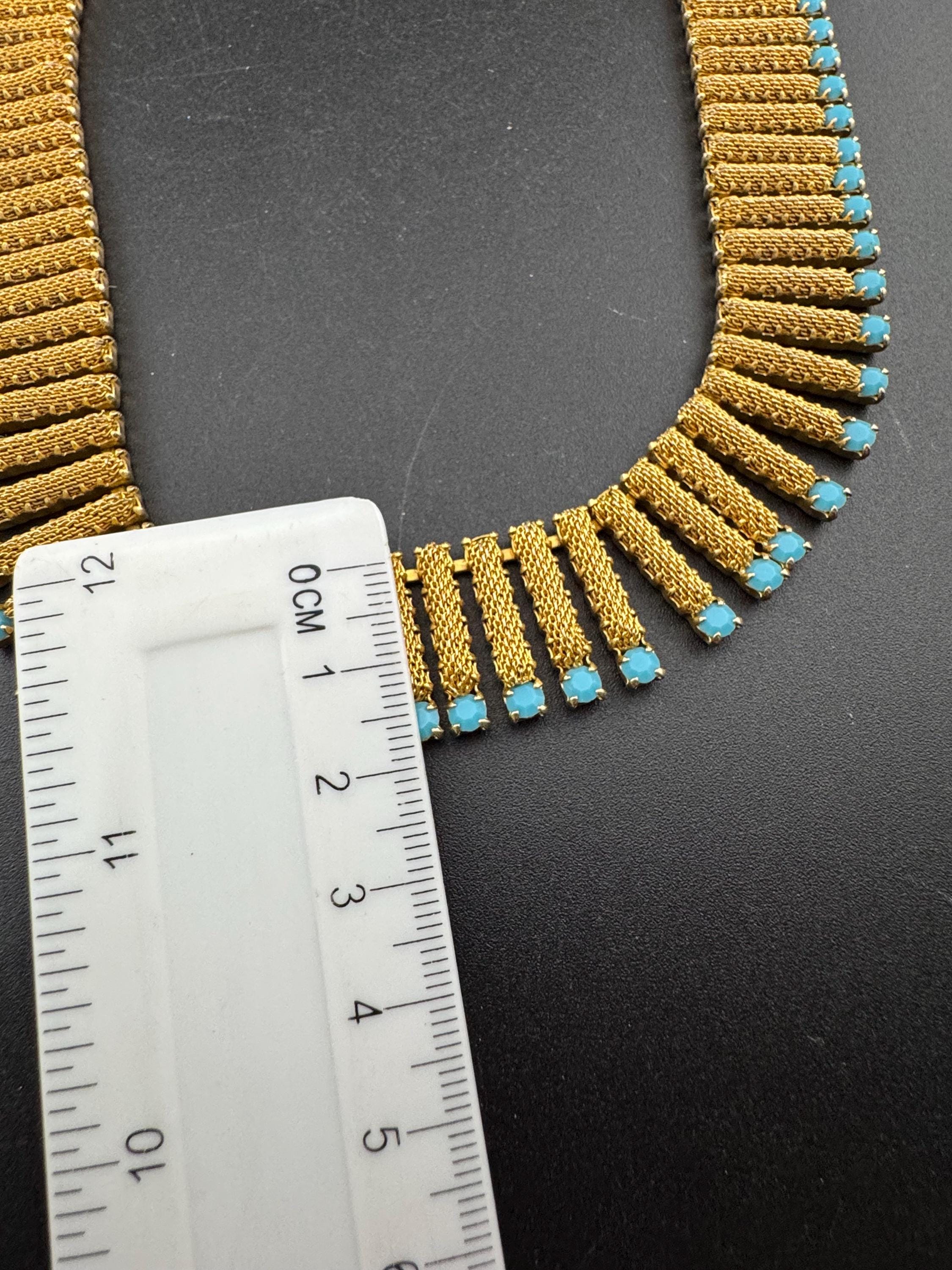 Vintage 1960s gold fringe necklace with turquoise glass paste stones