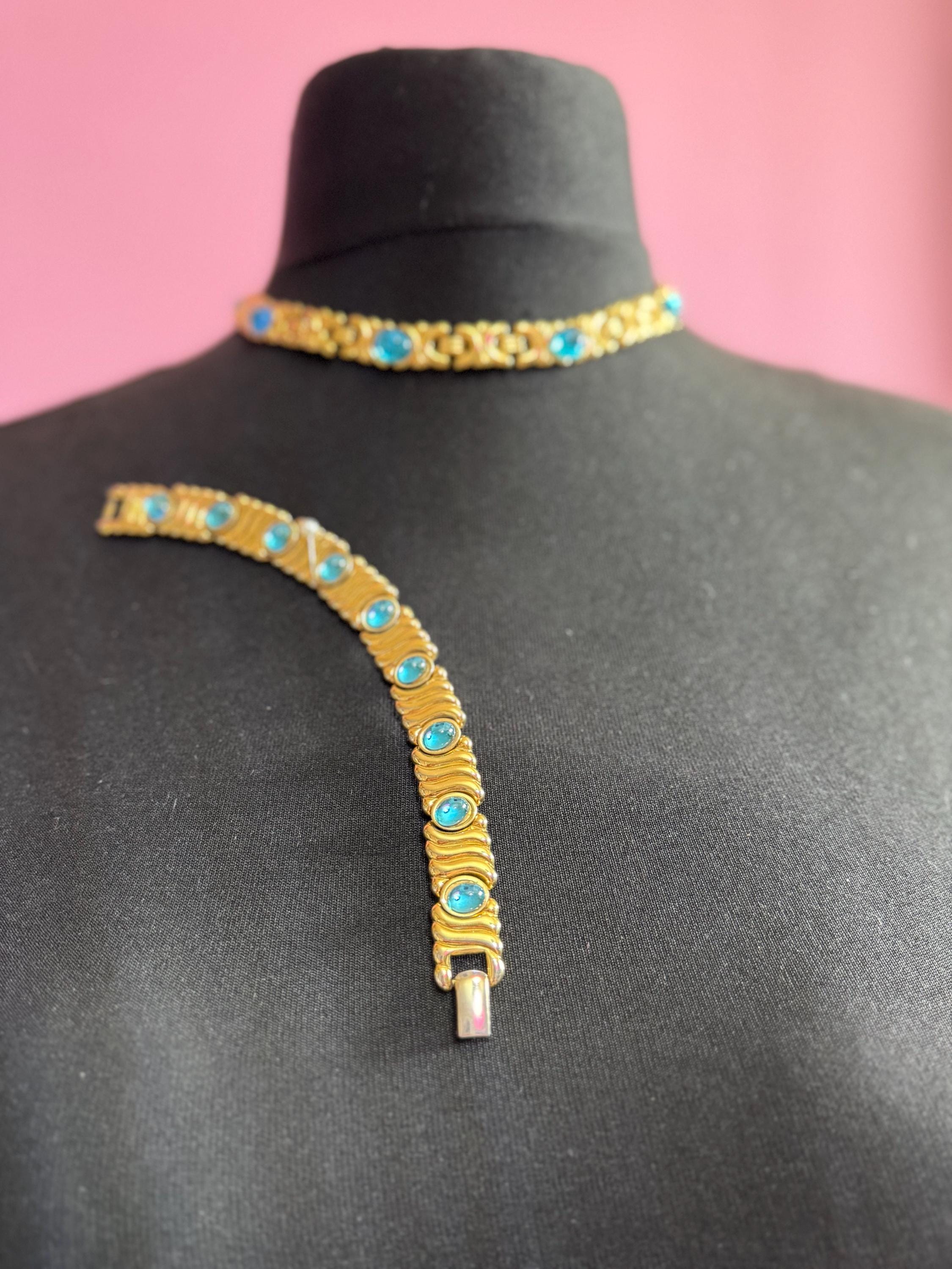 Vintage 1980s signed MONET jewellery set gold collar necklace and bracelet set with turquoise blue cabochons