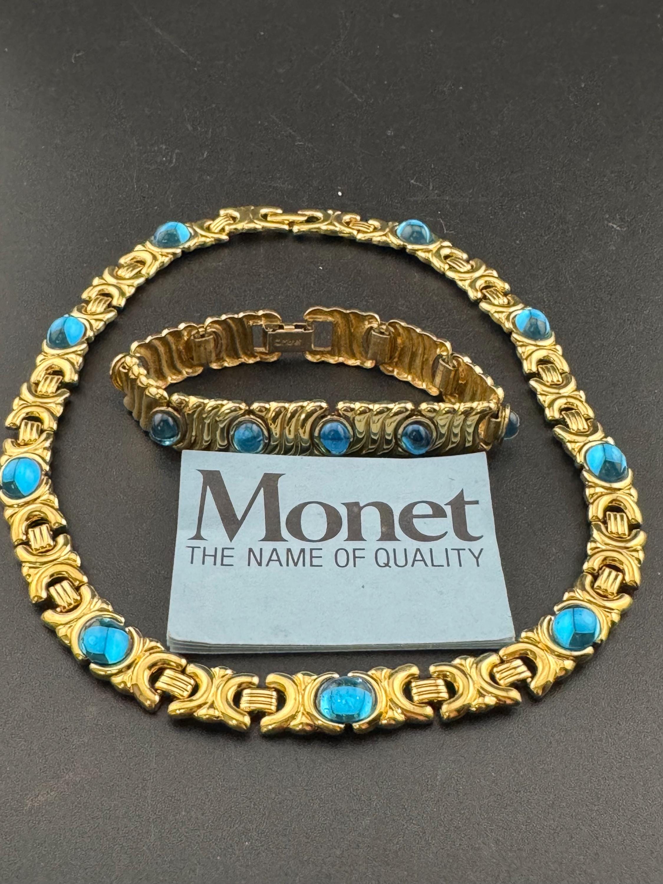 Vintage 1980s signed MONET jewellery set gold collar necklace and bracelet set with turquoise blue cabochons