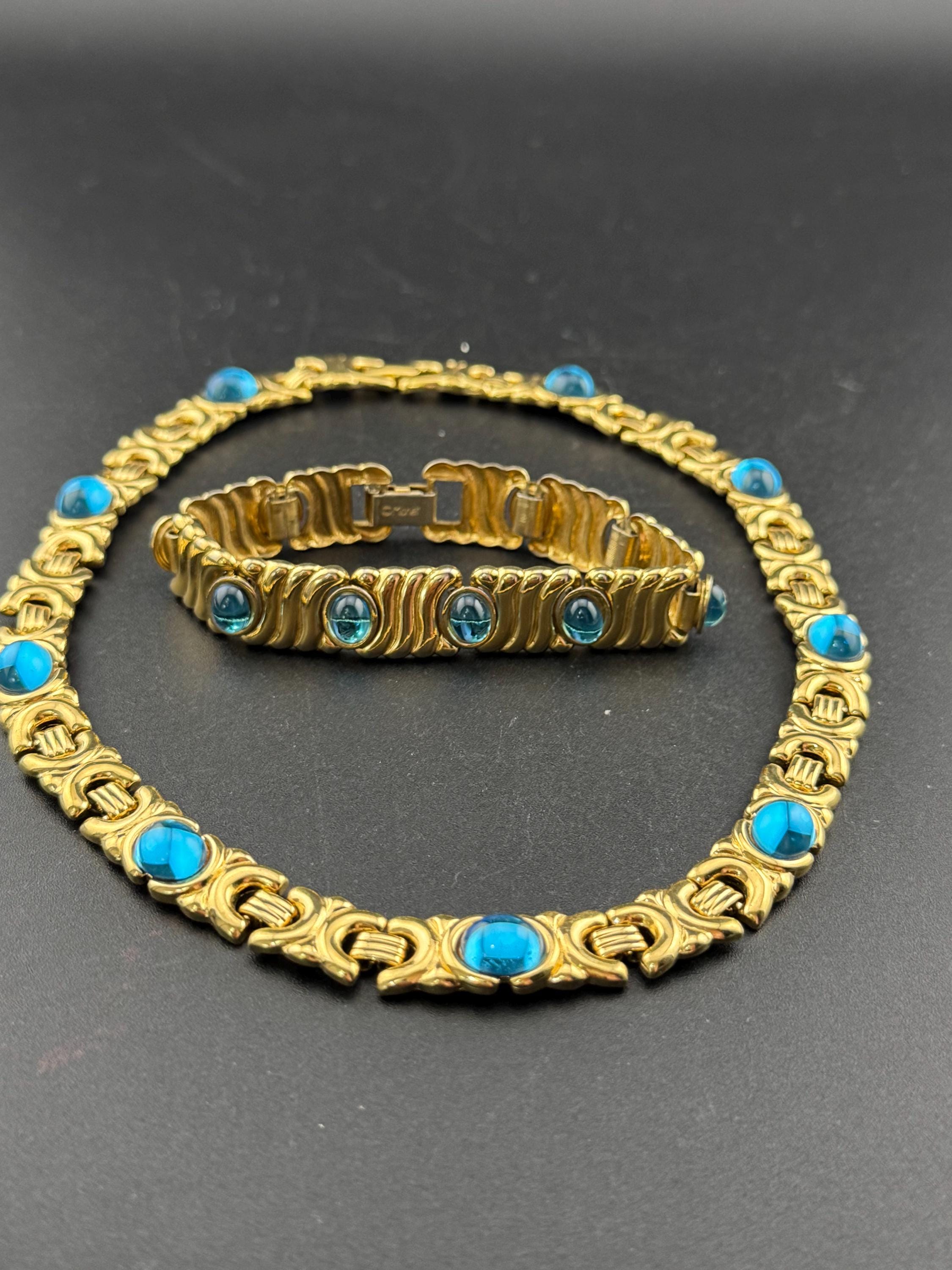 Vintage 1980s signed MONET jewellery set gold collar necklace and bracelet set with turquoise blue cabochons