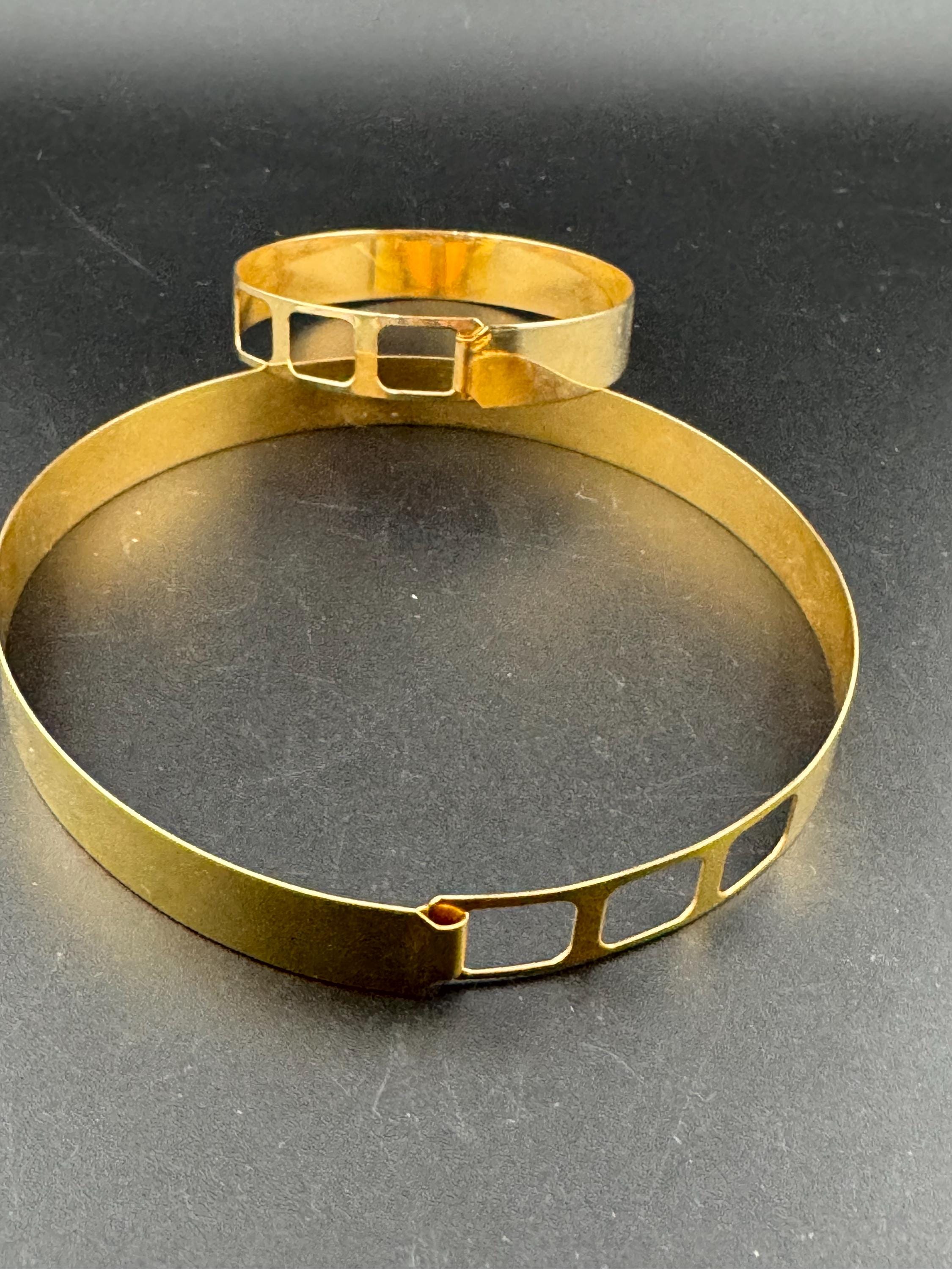 Vintage Gold Brass Choker Necklace and Cuff Bracelet Set: Geometric Openwork