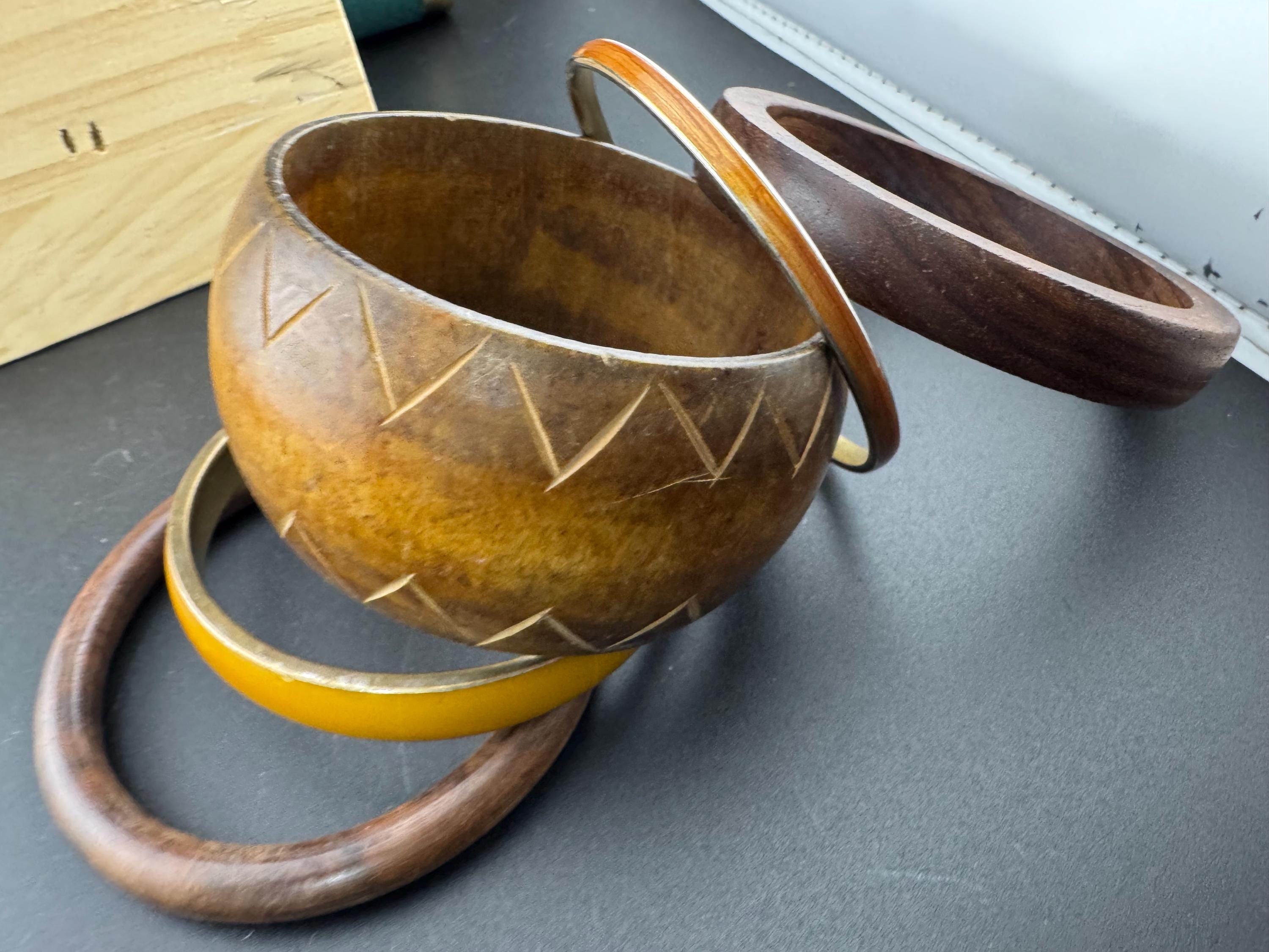 Vintage Brown Wooden Bangle Stack: Boho Festival Bracelets (65mm)