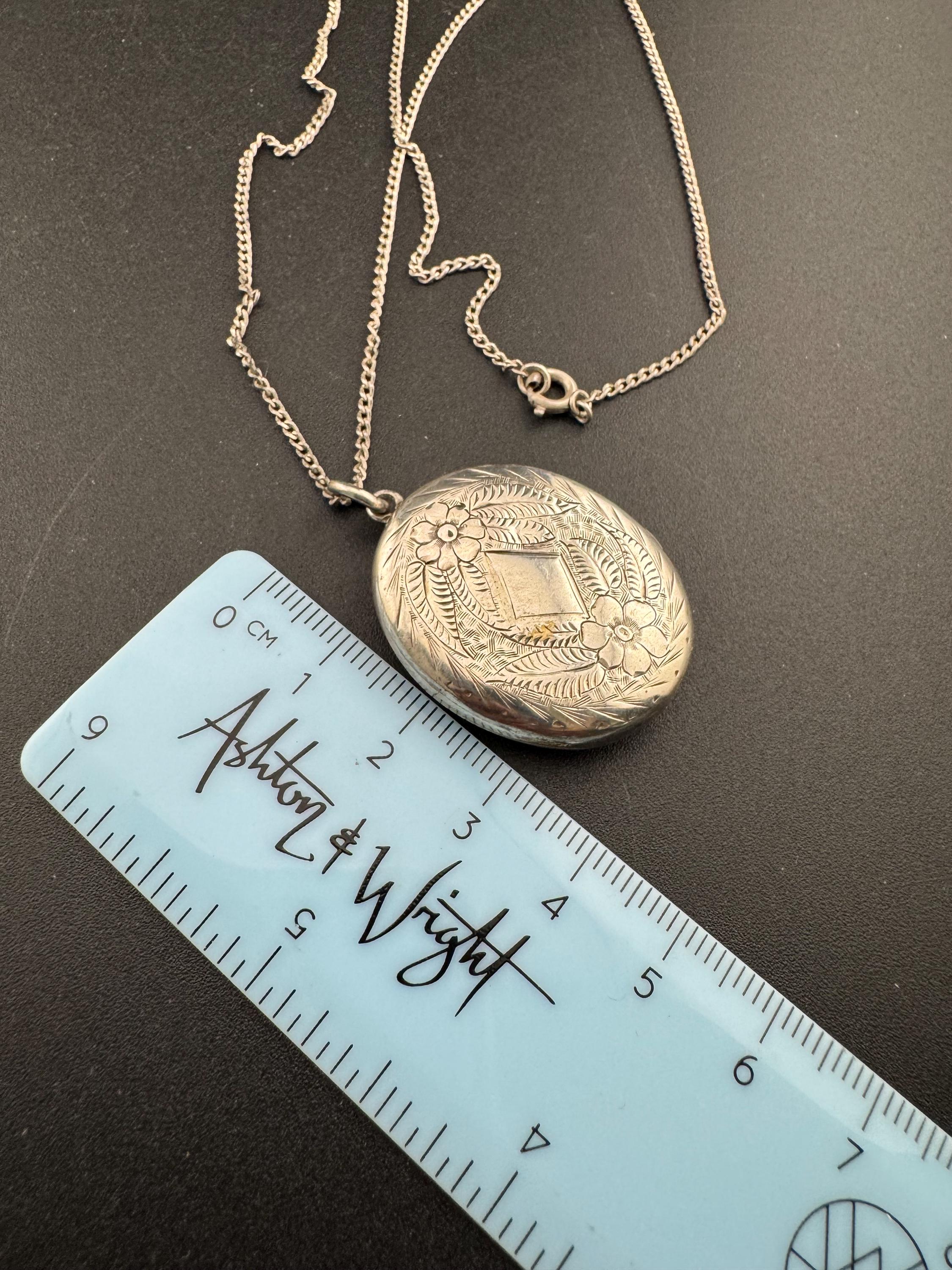 Vintage large photo Locket with engraved design, memorial keepsake stamped on a 925 silver chain
