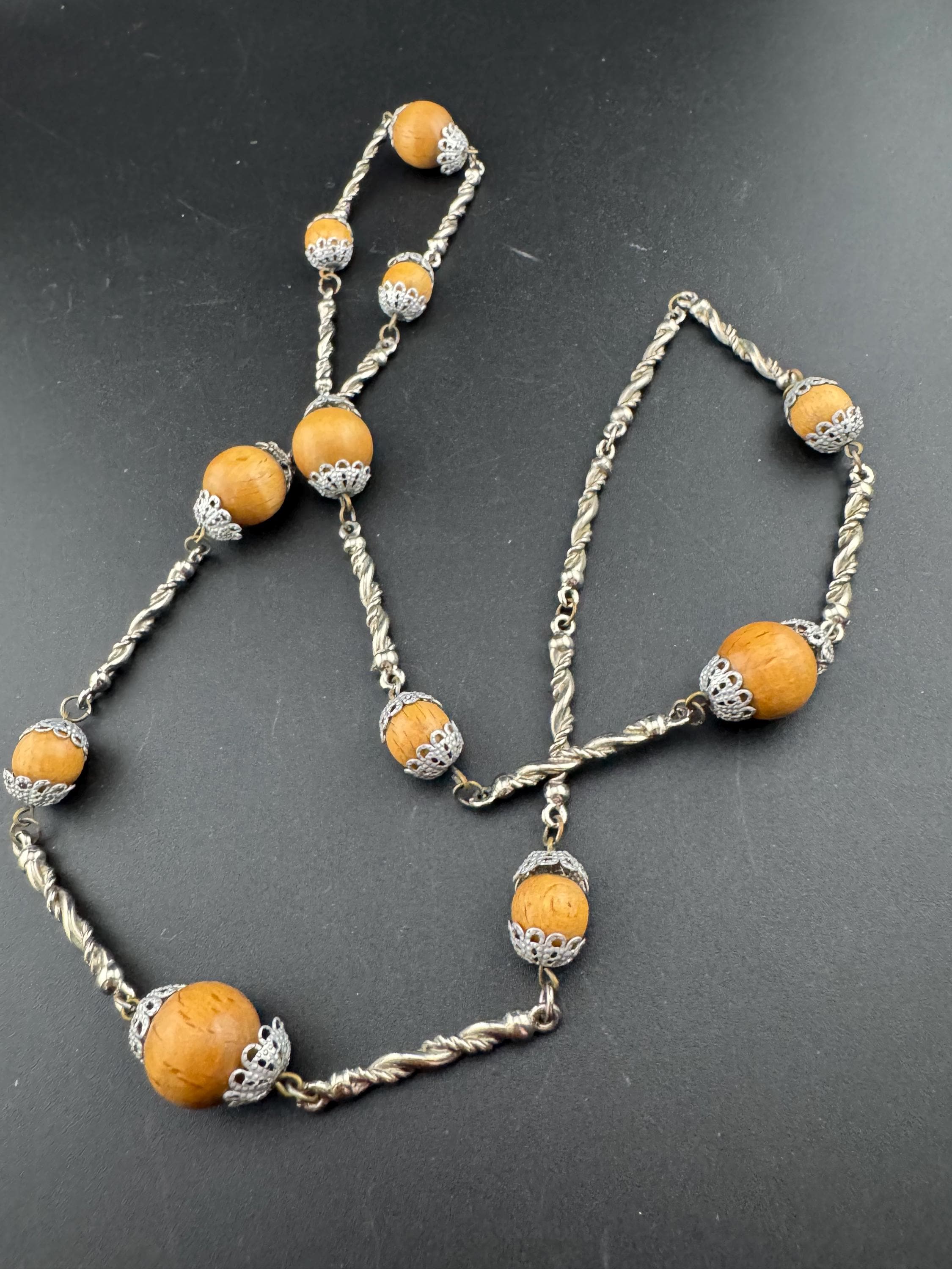 Vintage station necklace long twisted strand bar link wooden bead silver tone filigree chain station necklace 75cm Modernist 1970s