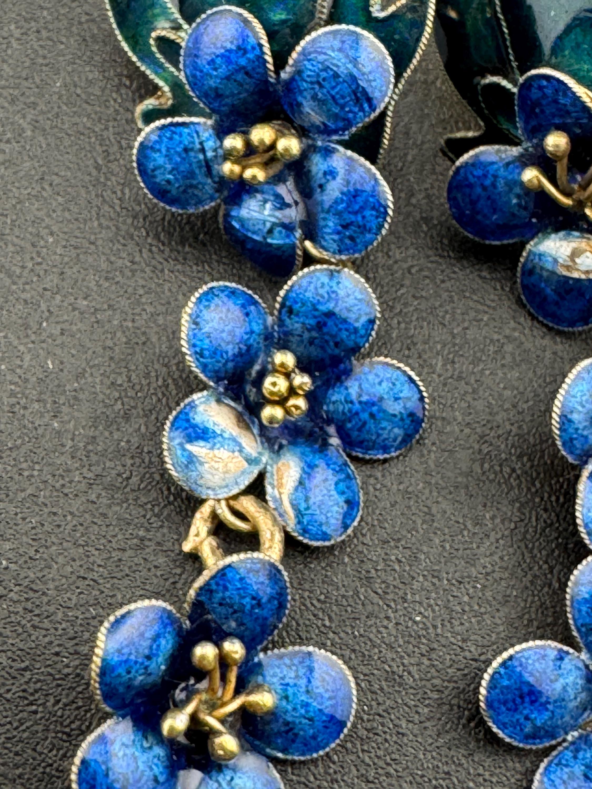 Vintage Modernist Sterling Silver Floral Earrings: Blue Enamel Gilt Drop