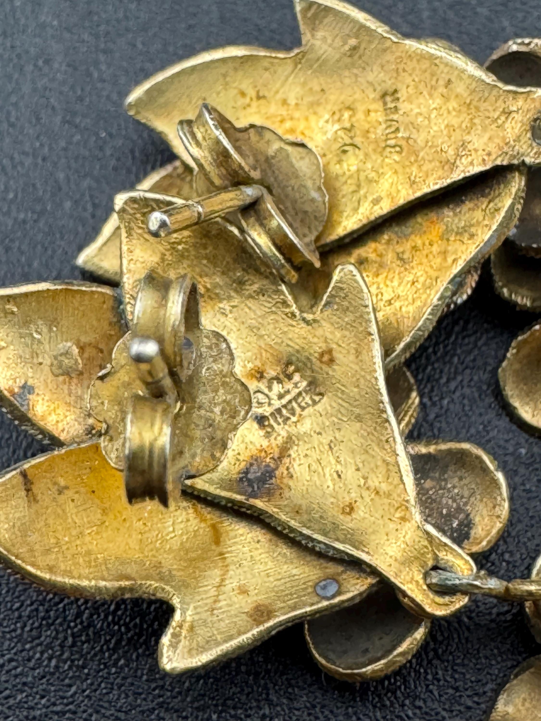 Vintage Modernist Sterling Silver Floral Earrings: Blue Enamel Gilt Drop