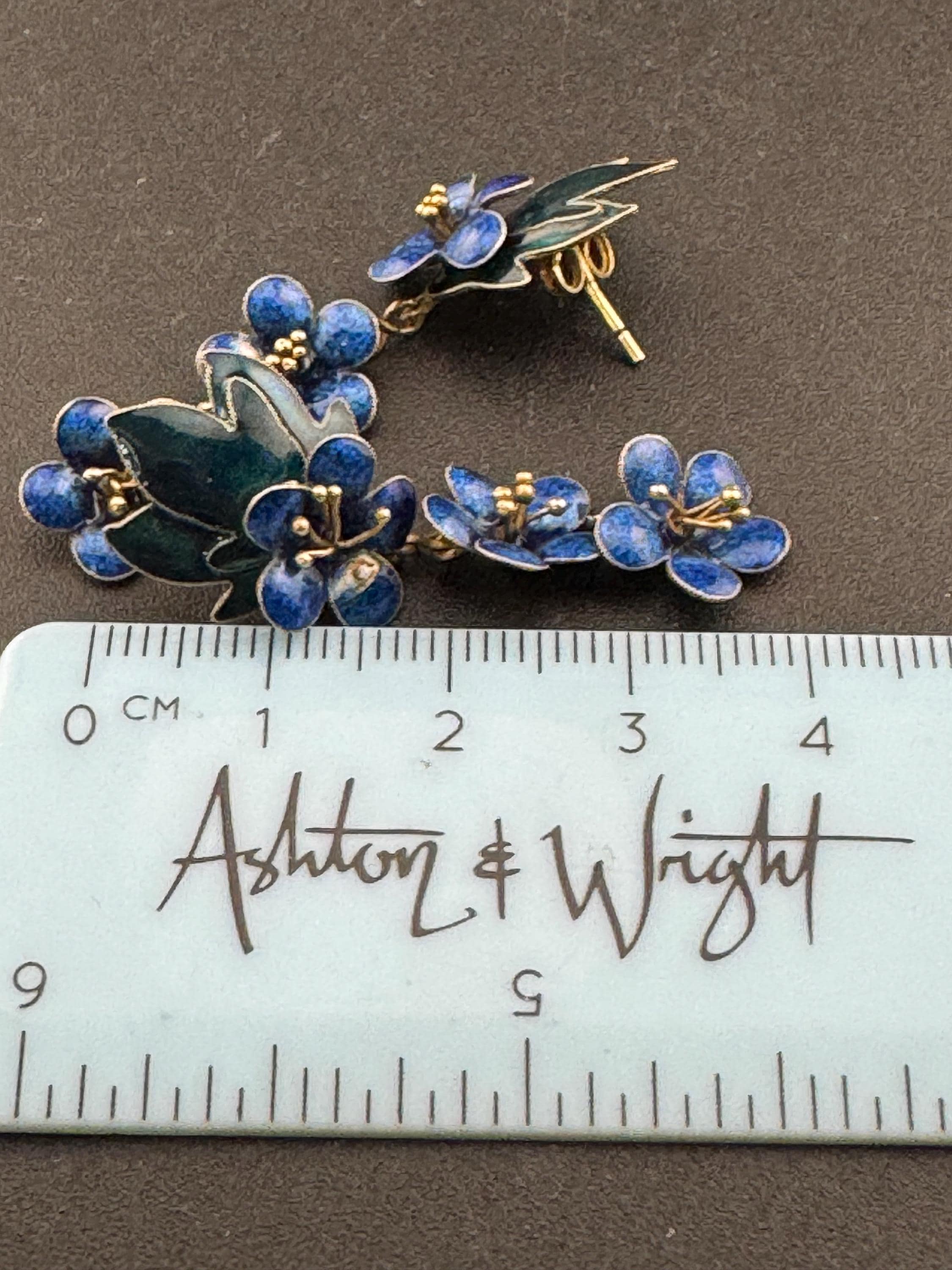 Vintage Modernist Sterling Silver Floral Earrings: Blue Enamel Gilt Drop