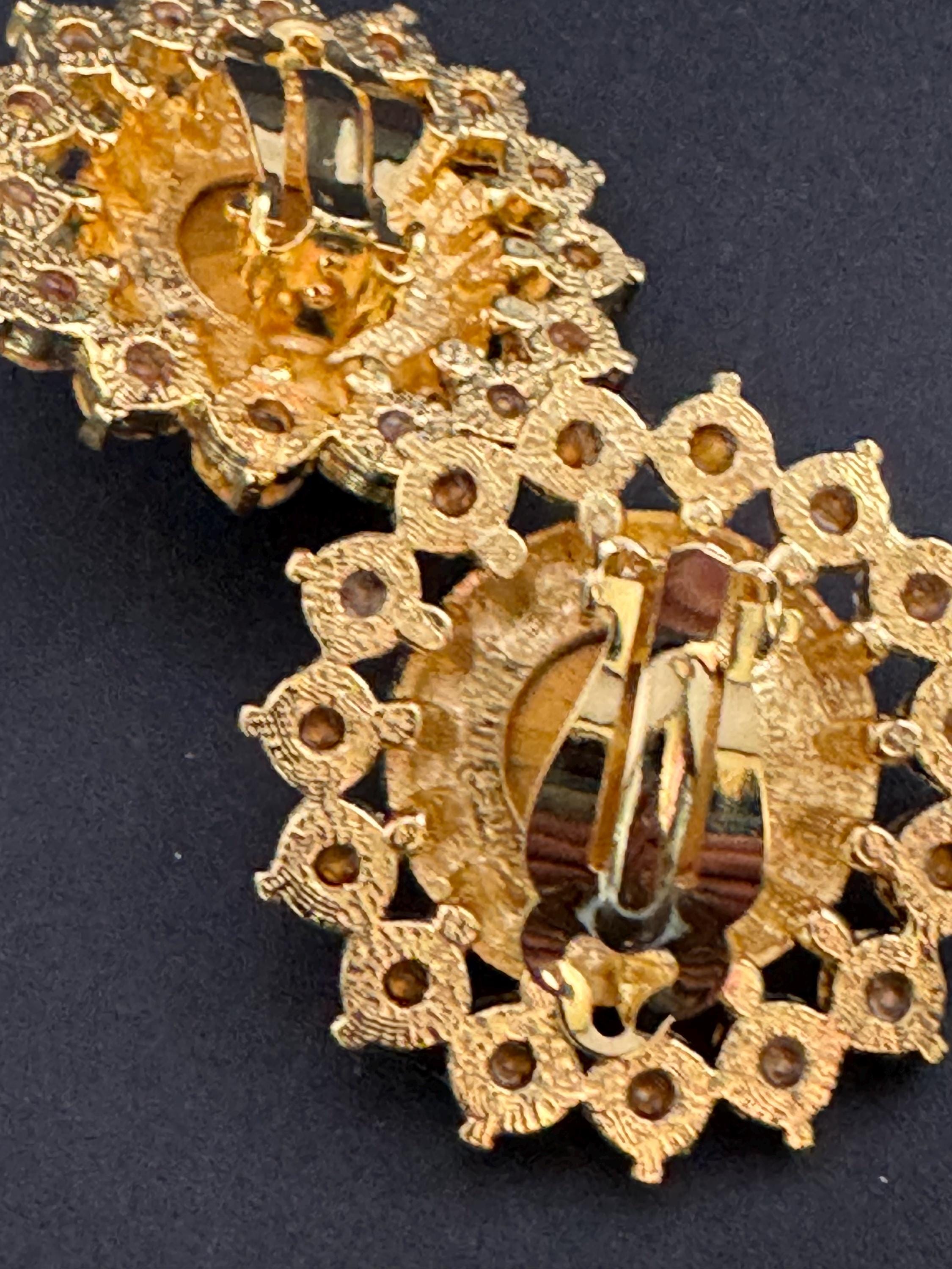 Oversized Gold Tone Sapphire Blue Rivoli & Swarovski Crystal Stud Earrings - 1980s Stock