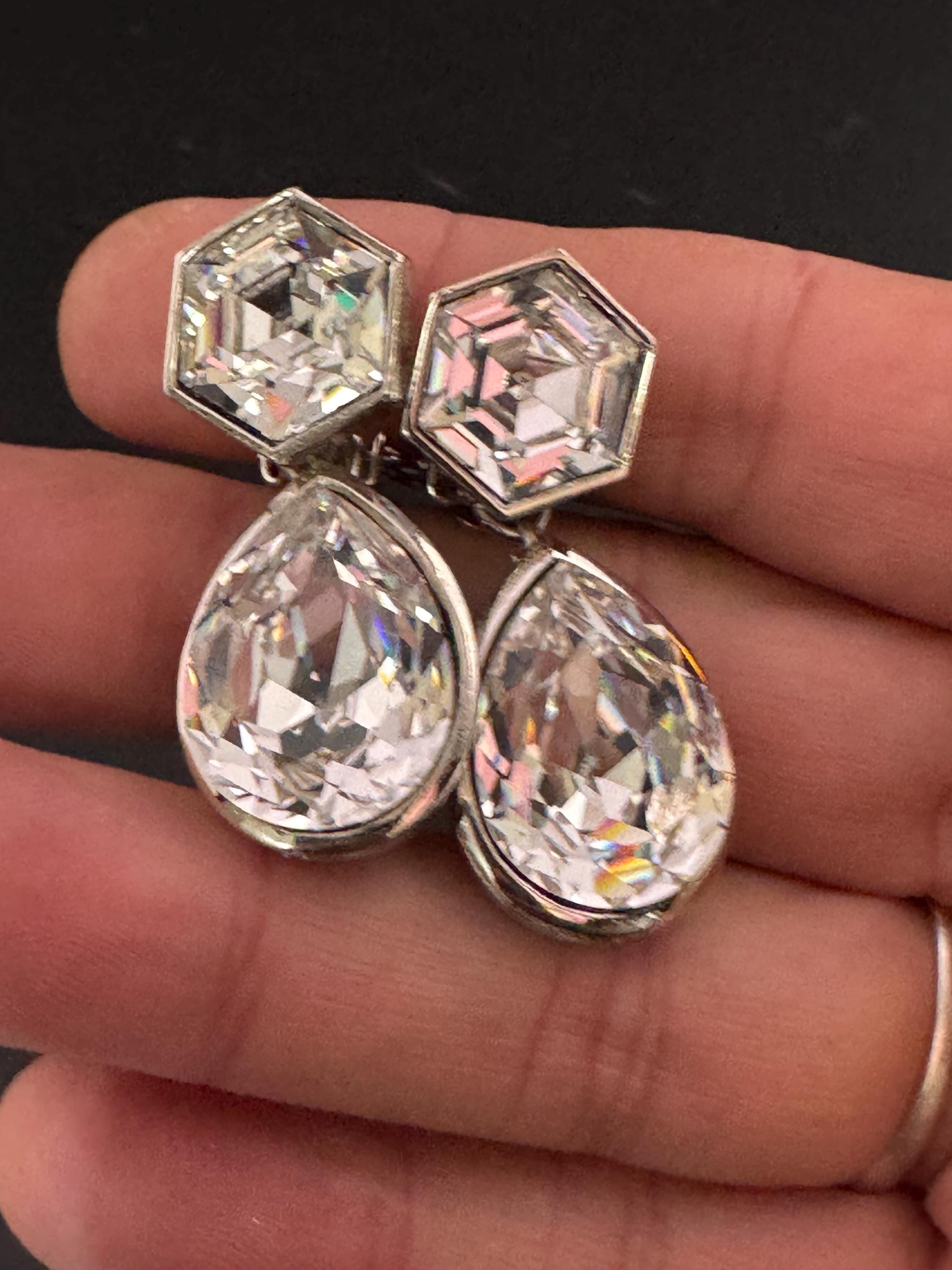 vintage silver tone clear headshot. Swarovski crystal love heart dangly teardrop earrings 1980s