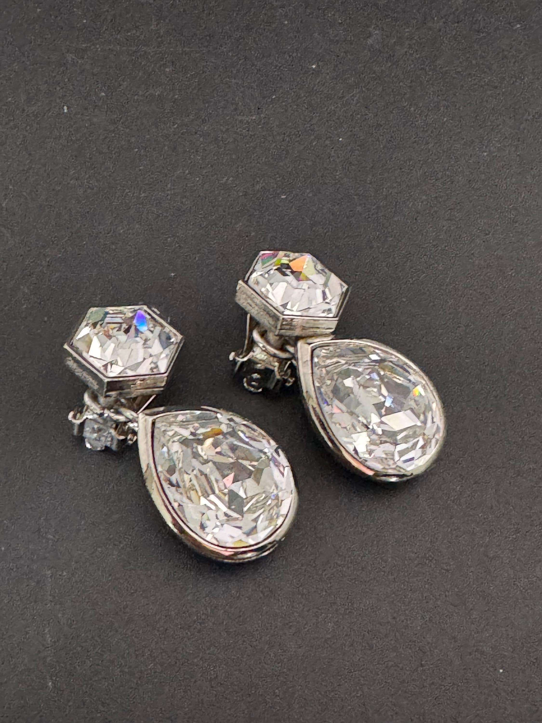 vintage silver tone clear headshot. Swarovski crystal love heart dangly teardrop earrings 1980s