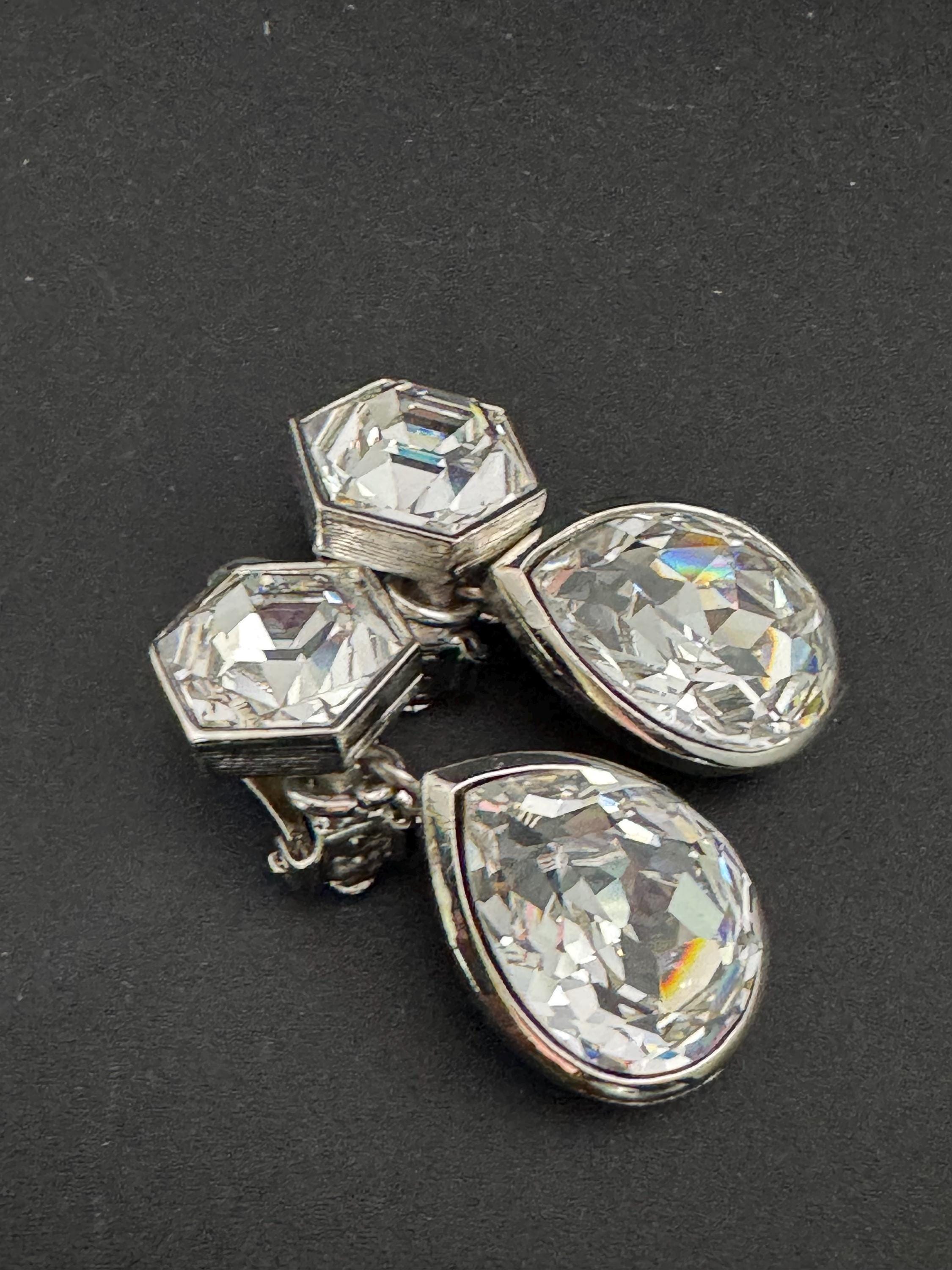 vintage silver tone clear headshot. Swarovski crystal love heart dangly teardrop earrings 1980s
