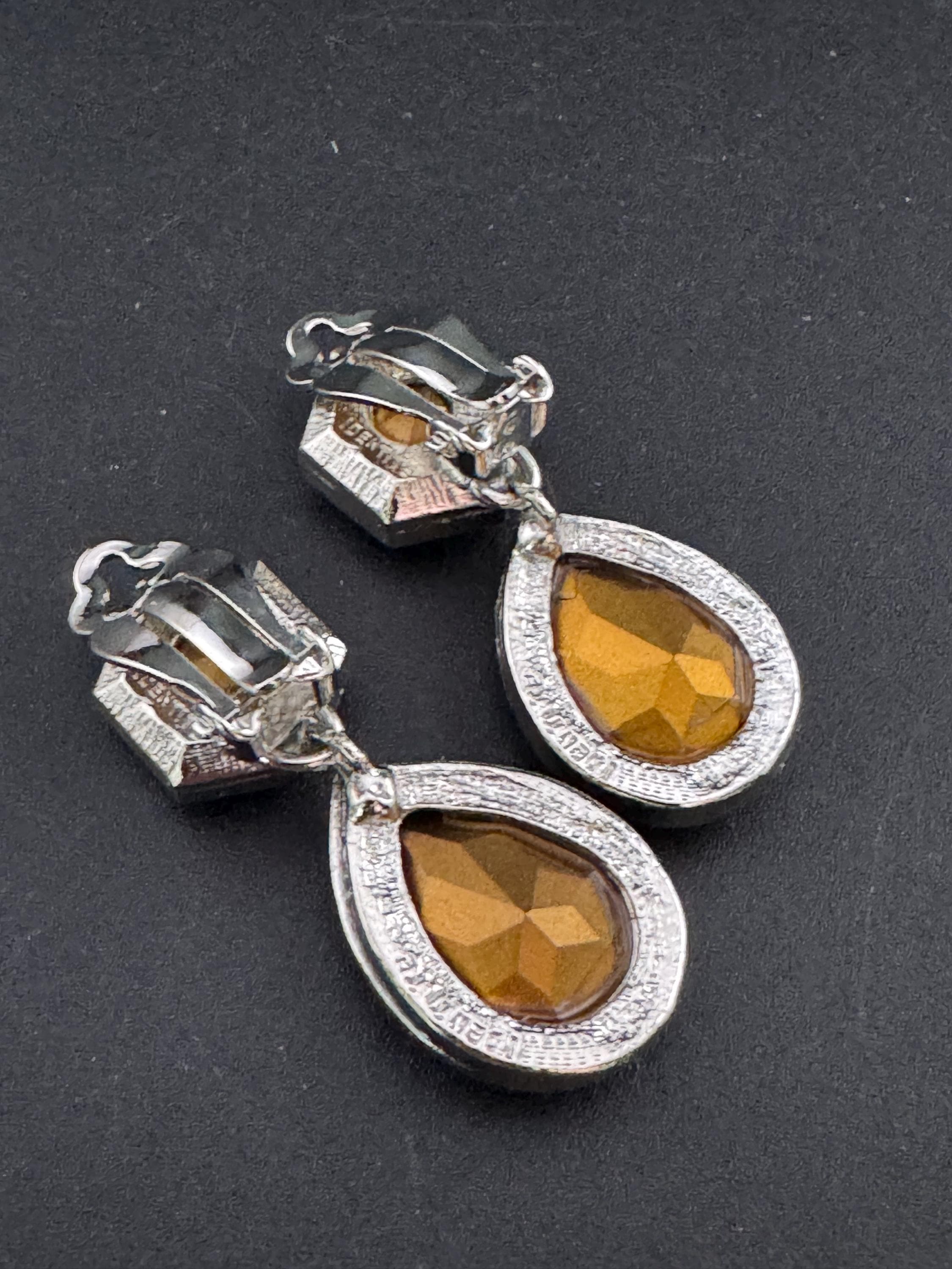 vintage silver tone clear headshot. Swarovski crystal love heart dangly teardrop earrings 1980s