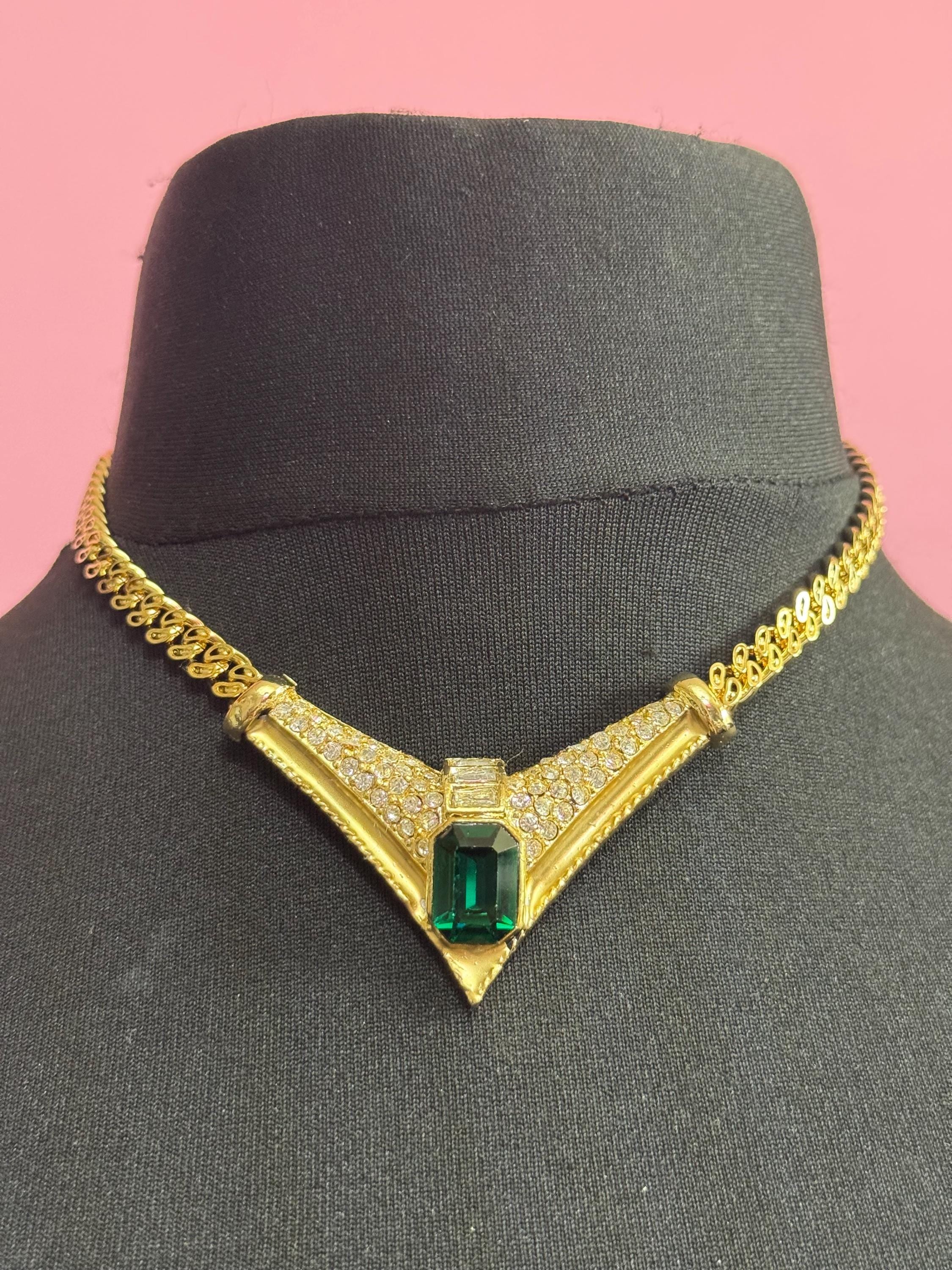 Vintage 1980s Swarovski crystal set emerald green and clear diamanté choker necklace gold tone high end old shop stock
