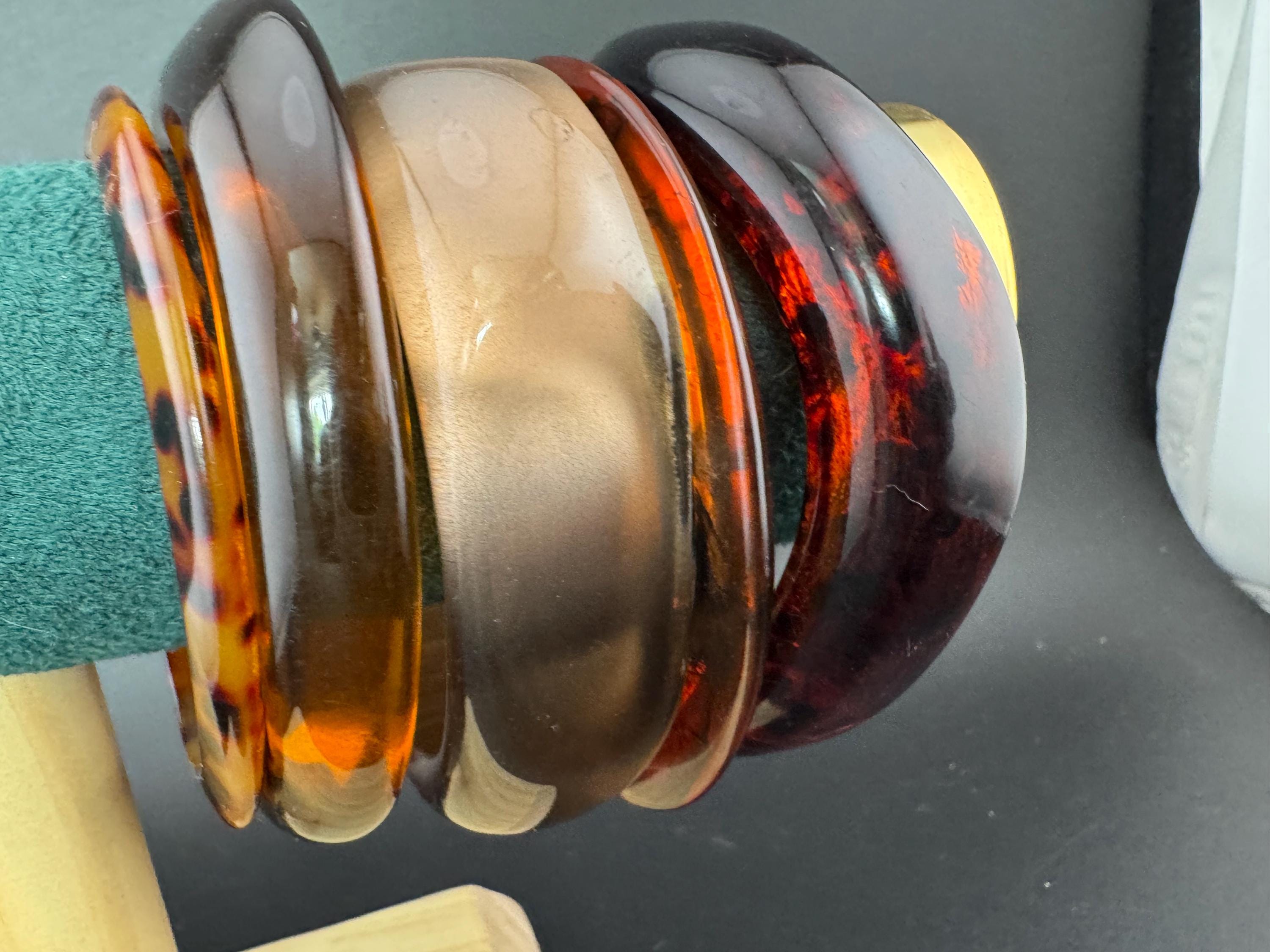 A curated stack of Faux tortoiseshell brown Perspex plastic wide cuff bangle bracelets ideal stacking layering Vintage