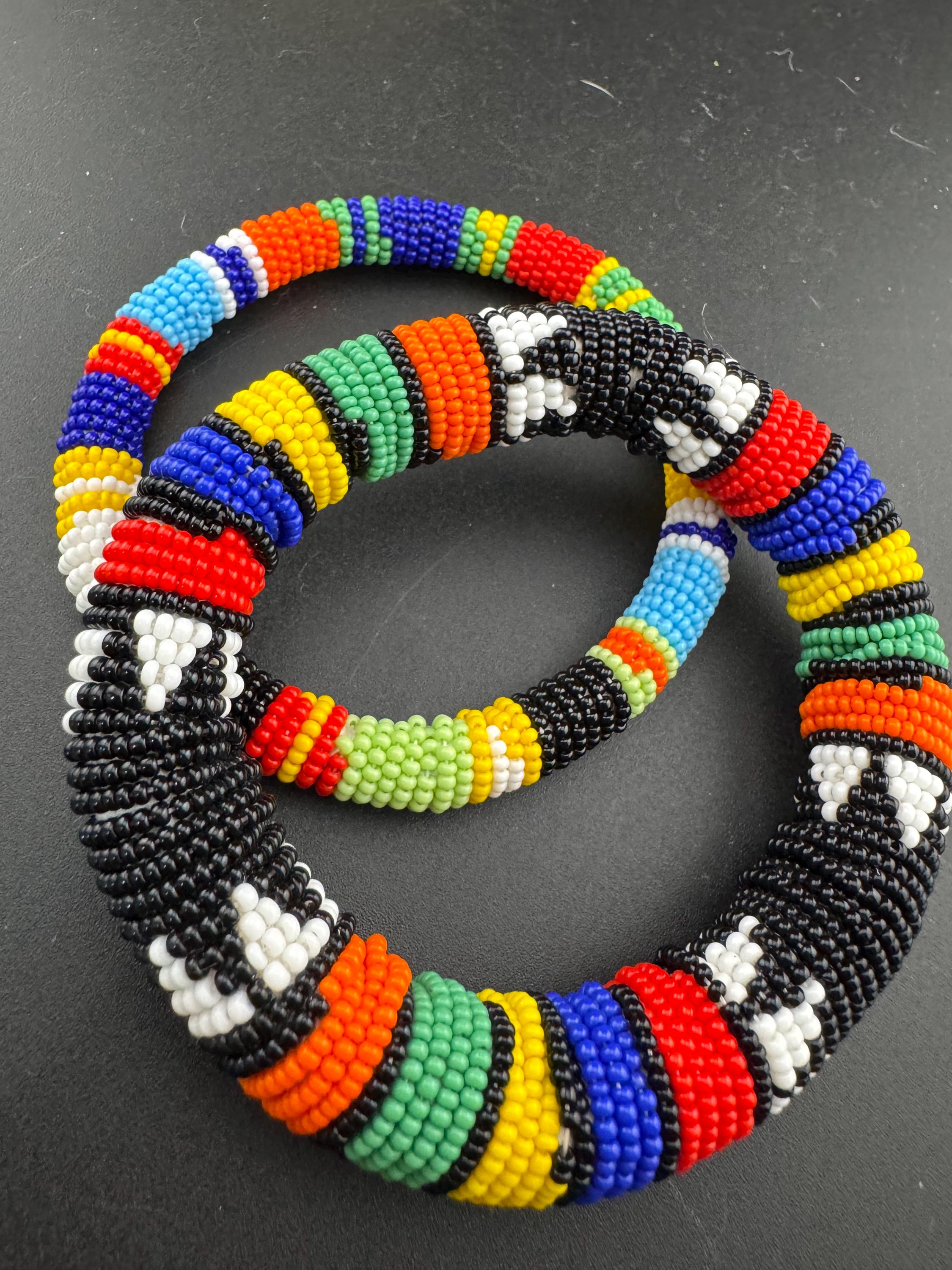 African Seed Beaded Bangle Bracelets: Colorful Vintage Pair
