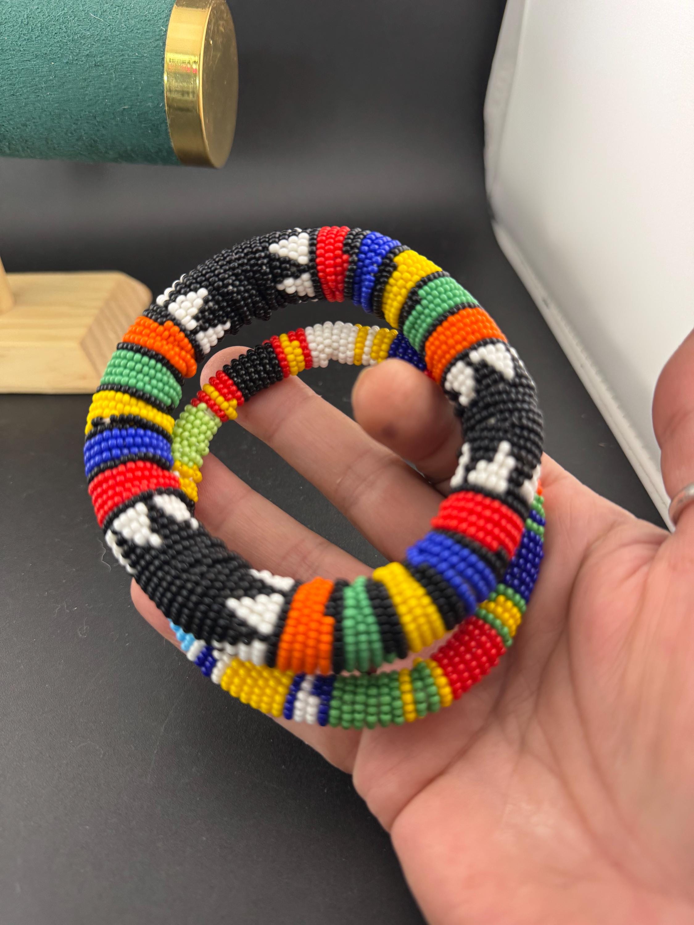 African Seed Beaded Bangle Bracelets: Colorful Vintage Pair