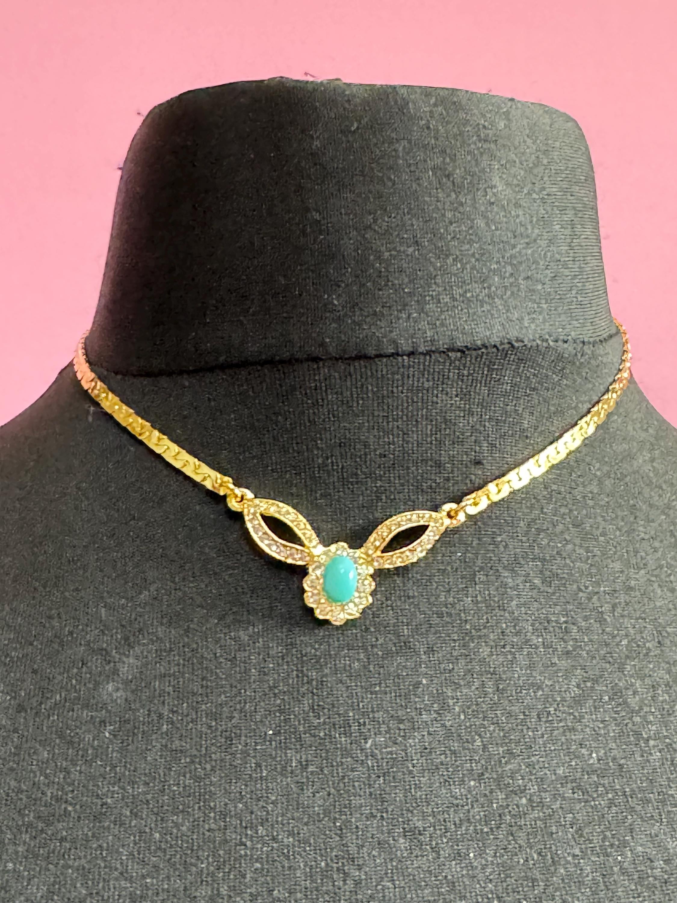 Retro oval turquoise blue cabochon gold tone jewellery set. Necklace and pierced stud earrings, clear glass diamanté gold tone Demi parure