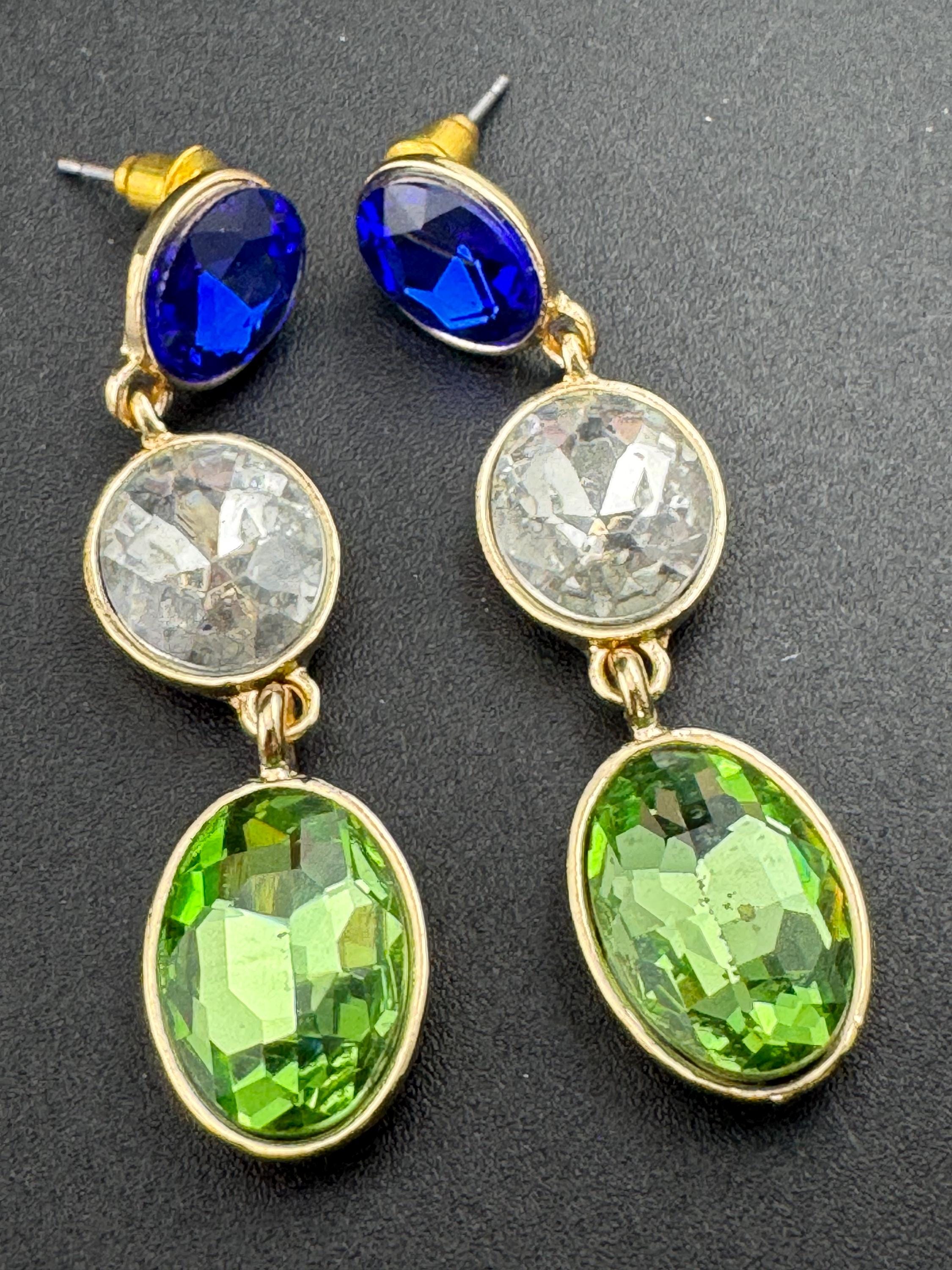 Retro long crystal earrings set with light green, sapphire blue and clear glass stones, heavy gold plated drop for pierced ears