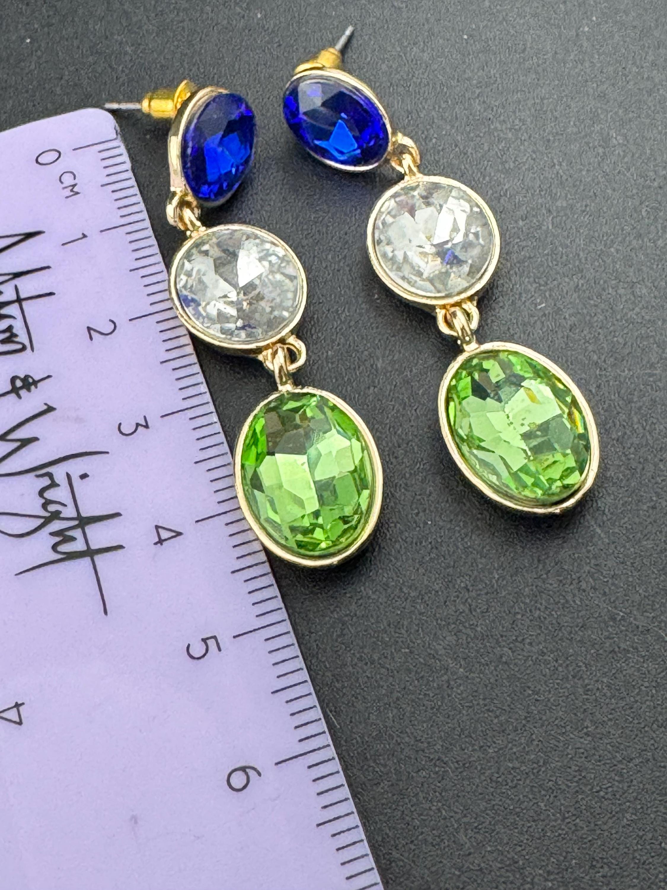 Retro long crystal earrings set with light green, sapphire blue and clear glass stones, heavy gold plated drop for pierced ears