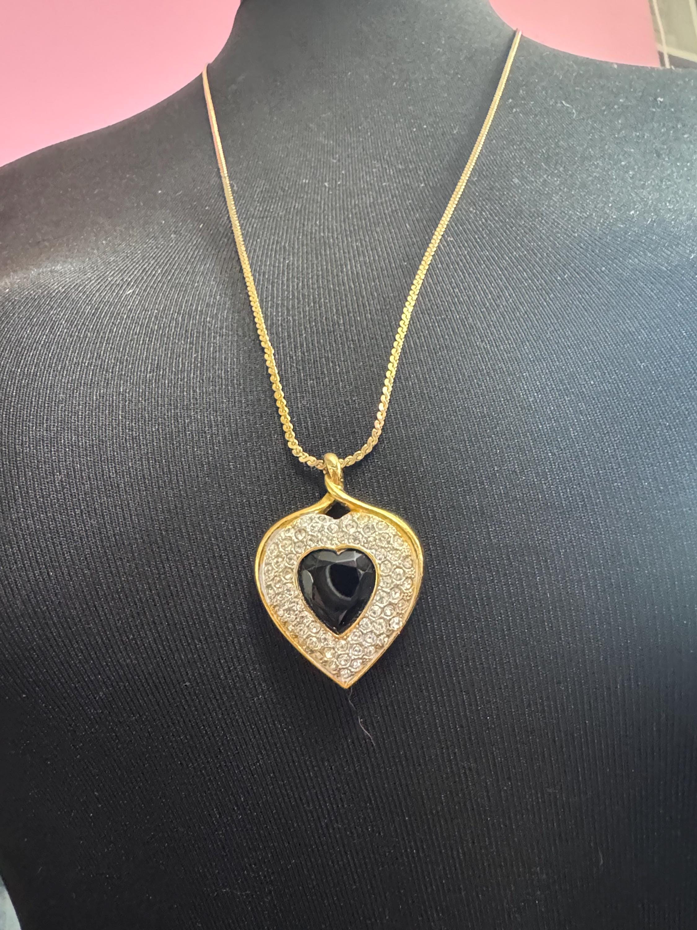 Signed Sphinx black glass crystal love heart diamanté pendant necklace on a long gold plated serpentine chain