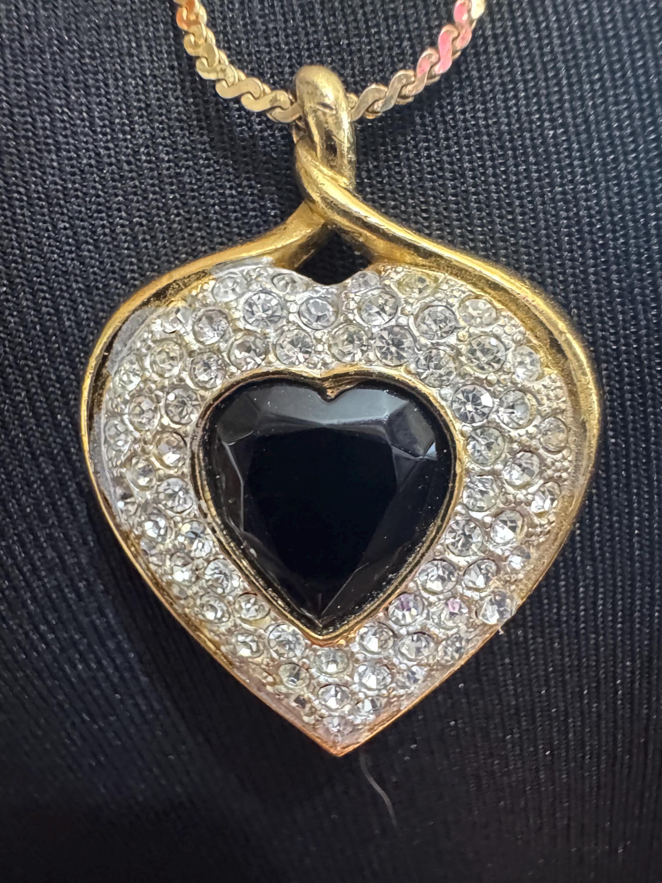 Signed Sphinx black glass crystal love heart diamanté pendant necklace on a long gold plated serpentine chain