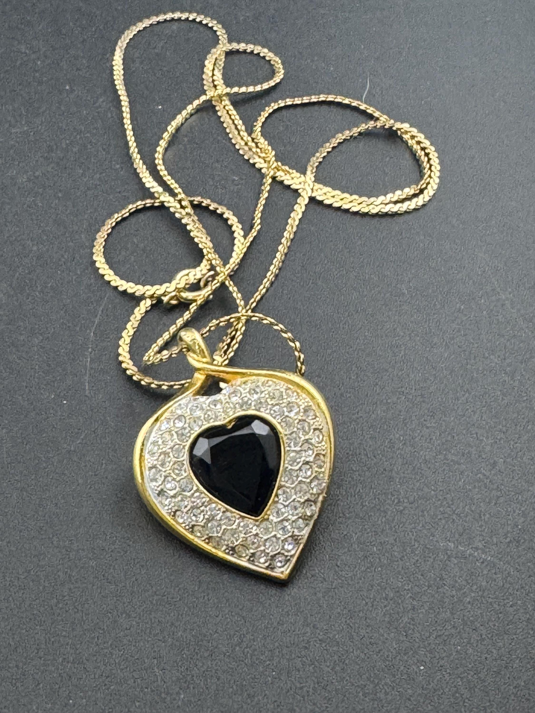 Signed Sphinx black glass crystal love heart diamanté pendant necklace on a long gold plated serpentine chain