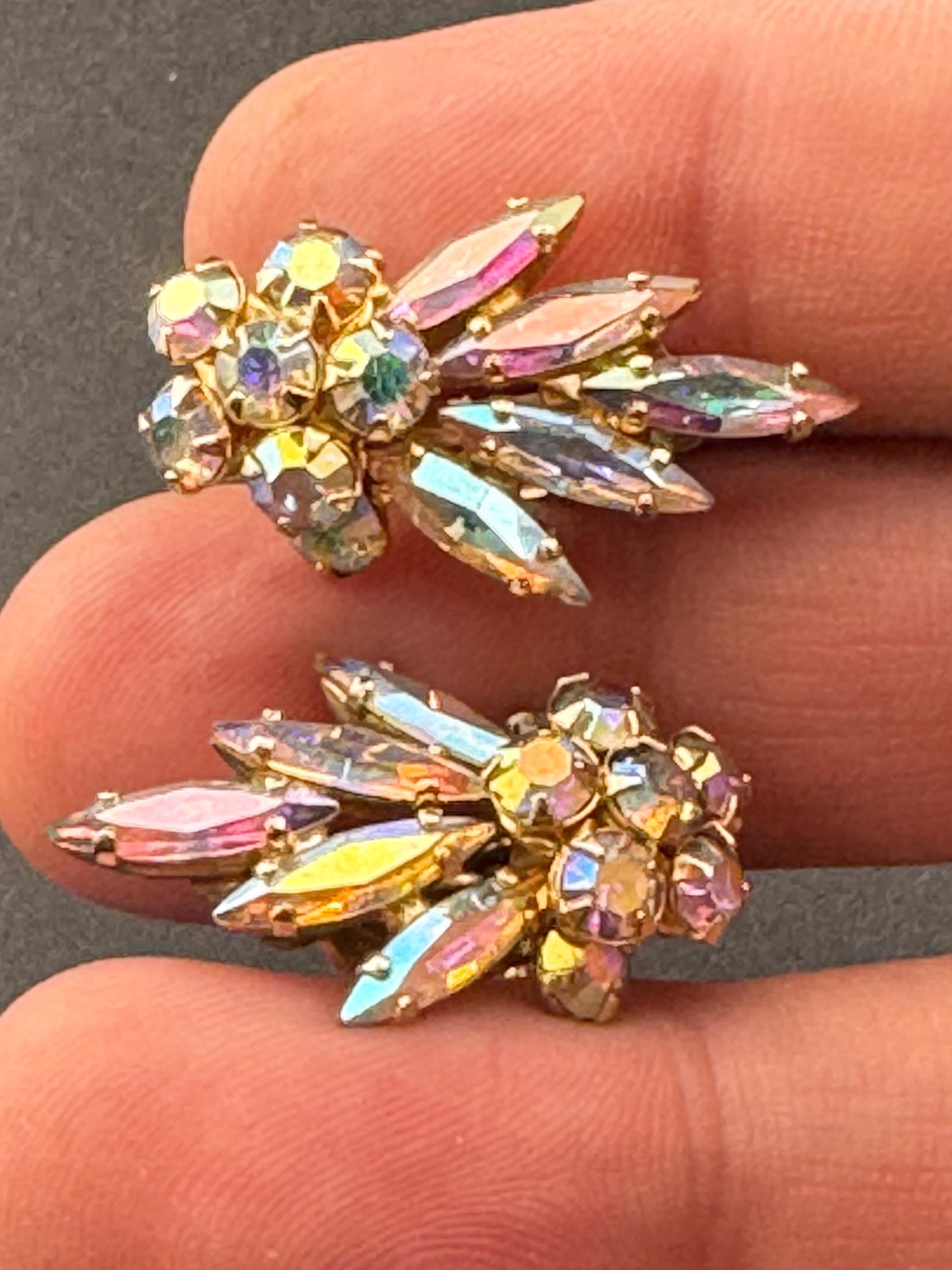 Signed Sherman vintage Clear AB aurora borealis glass rhinestone diamanté gold tone Clip on leaf earrings