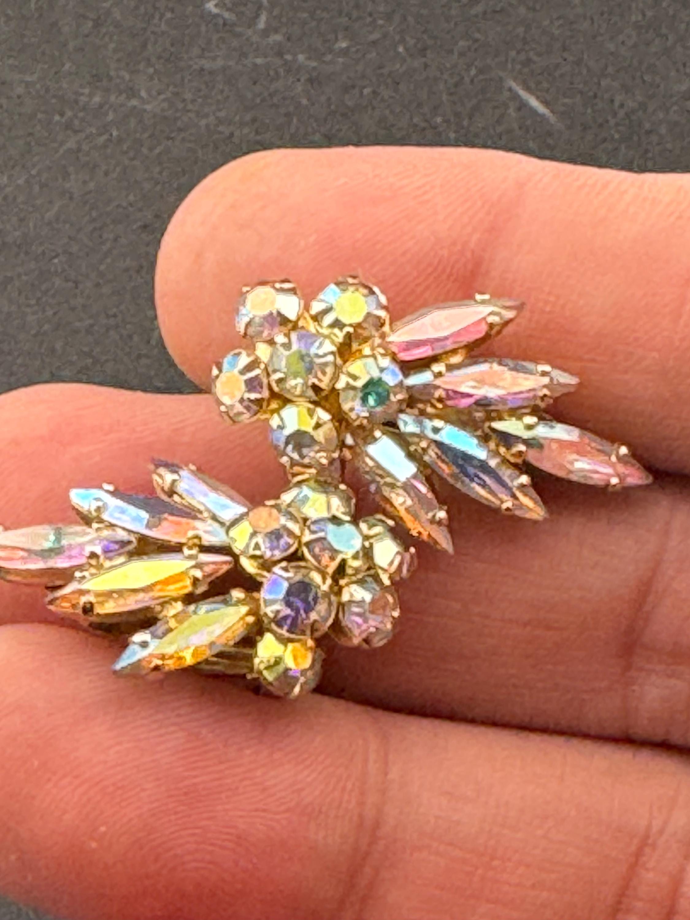 Signed Sherman vintage Clear AB aurora borealis glass rhinestone diamanté gold tone Clip on leaf earrings