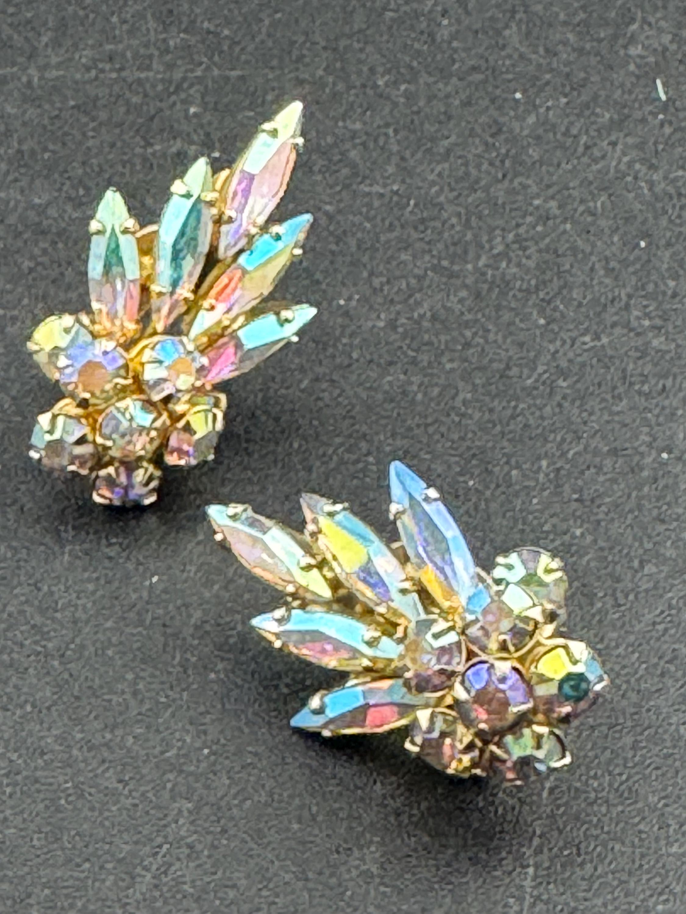Signed Sherman vintage Clear AB aurora borealis glass rhinestone diamanté gold tone Clip on leaf earrings