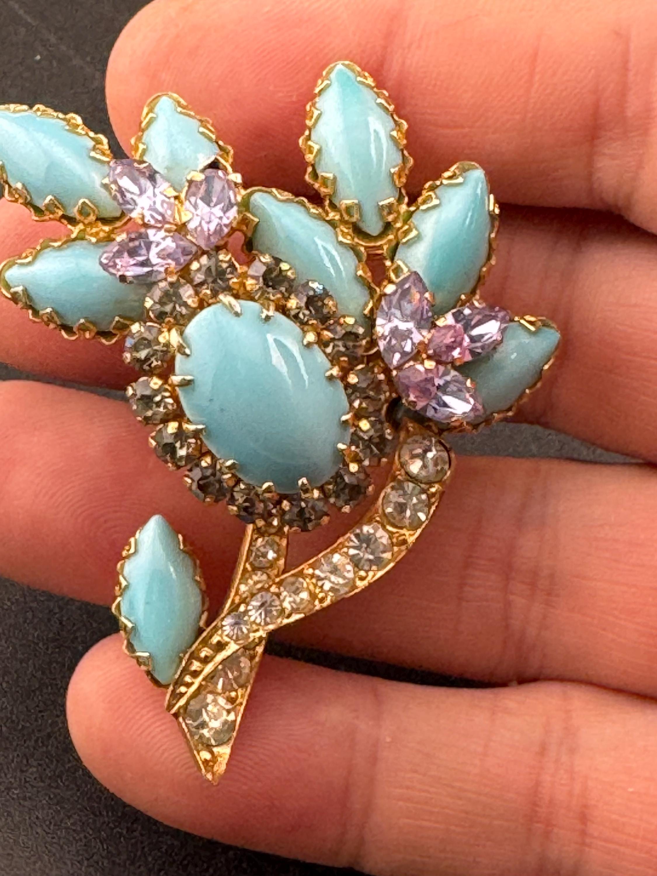 gold tone turquoise cabochon and amethyst rhinestone large floral statement brooch 1960s