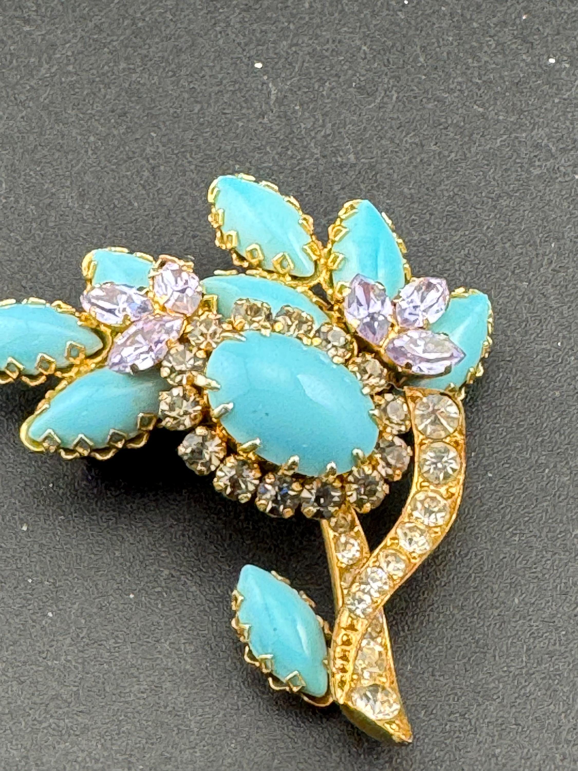 gold tone turquoise cabochon and amethyst rhinestone large floral statement brooch 1960s