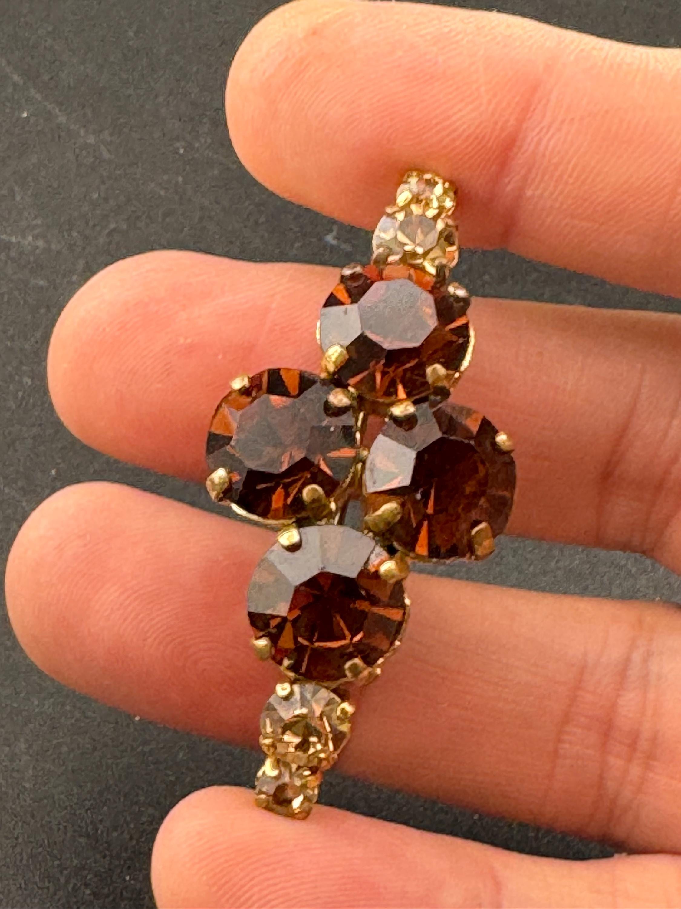 vintage gold tone brown cognac rhinestone glass 5cm brooch