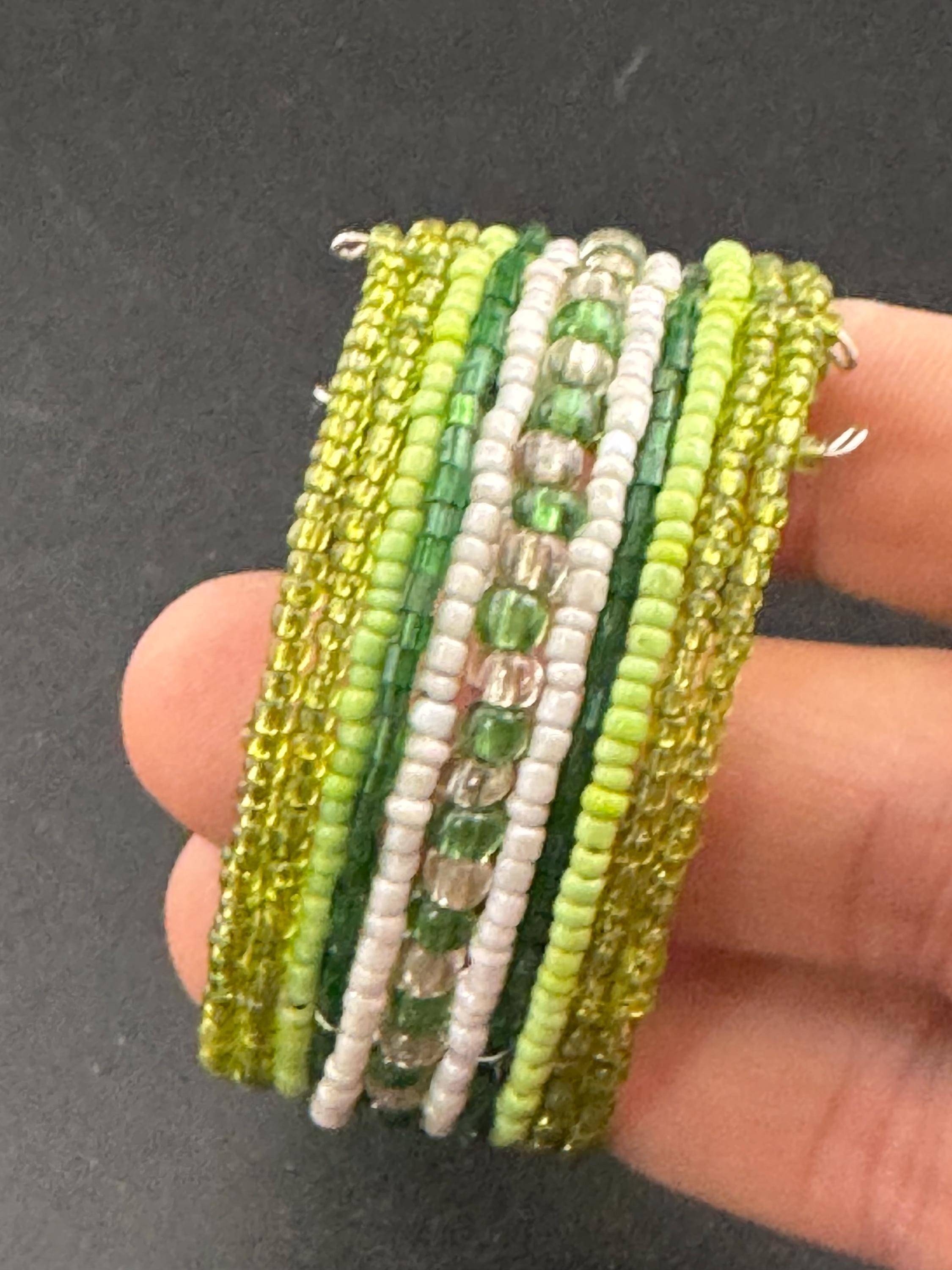 Retro GREEN wide glass beaded wide wrap round adjustable bangle bracelets, boho festival vibes