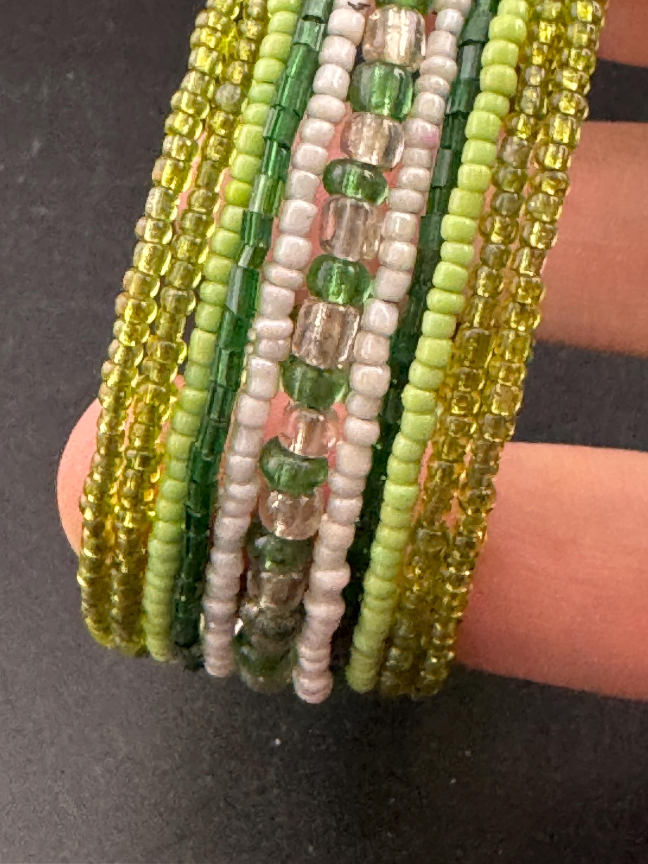 Retro GREEN wide glass beaded wide wrap round adjustable bangle bracelets, boho festival vibes
