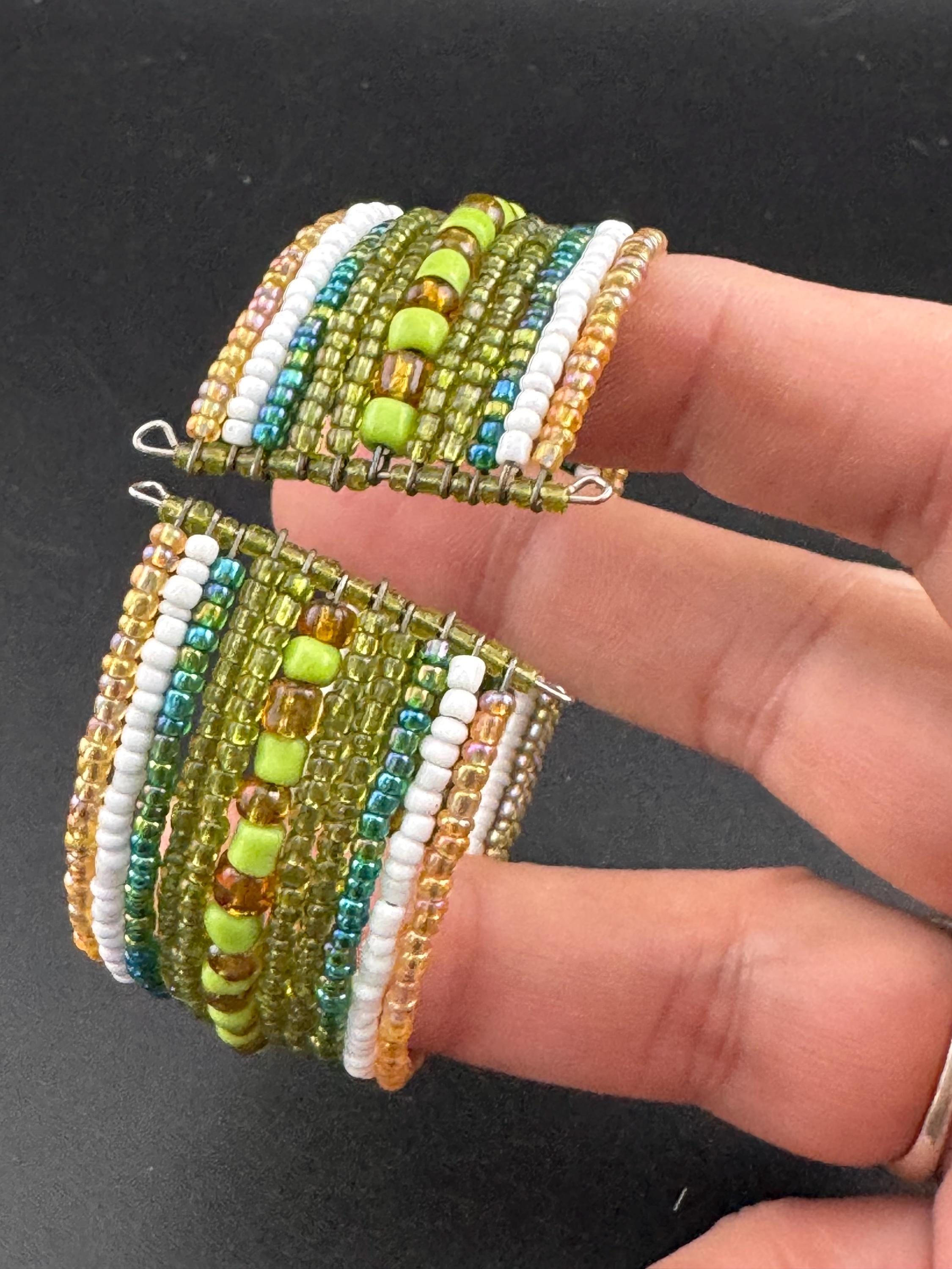 Retro GREEN and GOLD wide glass beaded wide wrap round adjustable bangle bracelets, boho festival vibes