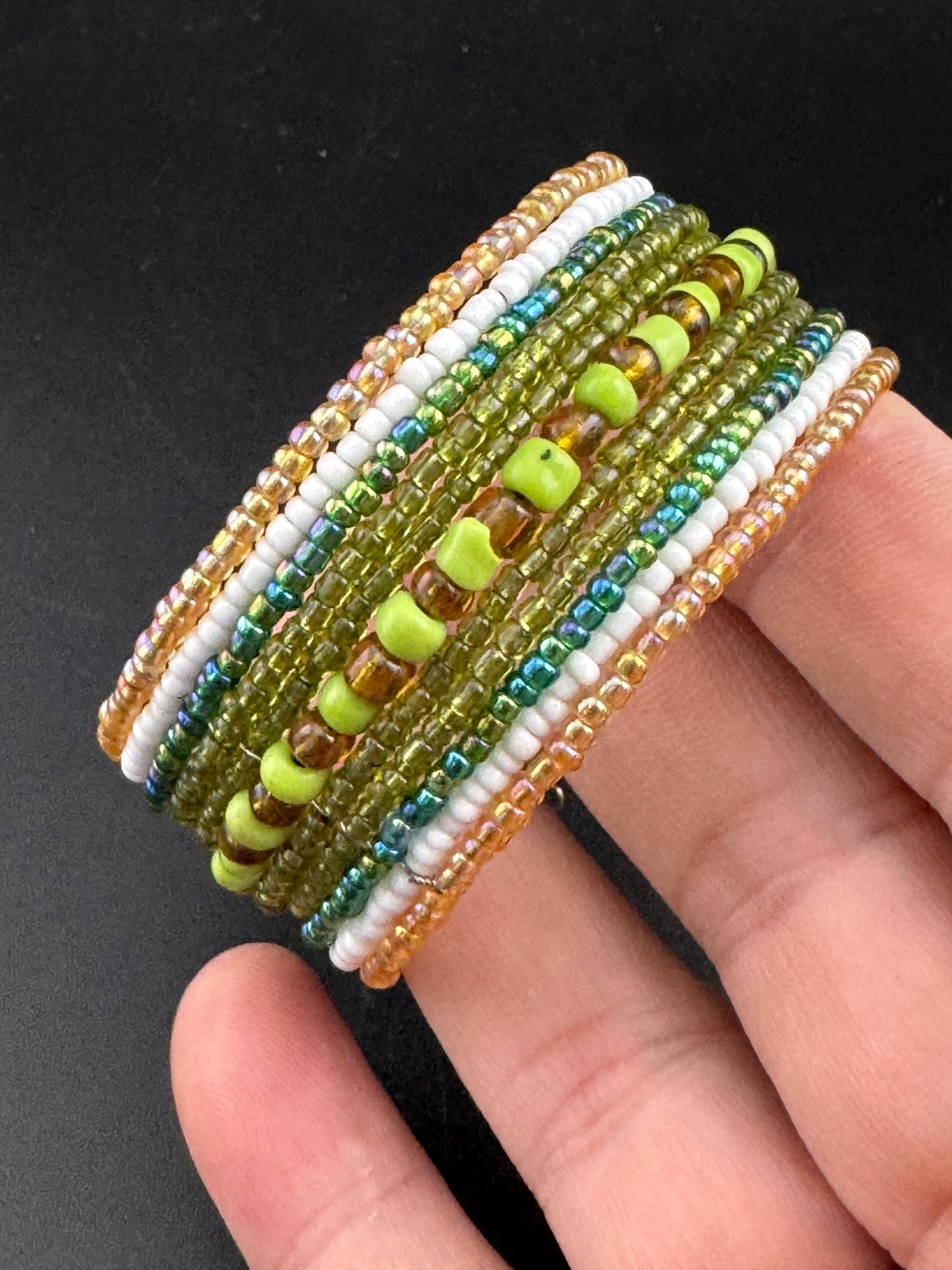 Retro GREEN and GOLD wide glass beaded wide wrap round adjustable bangle bracelets, boho festival vibes