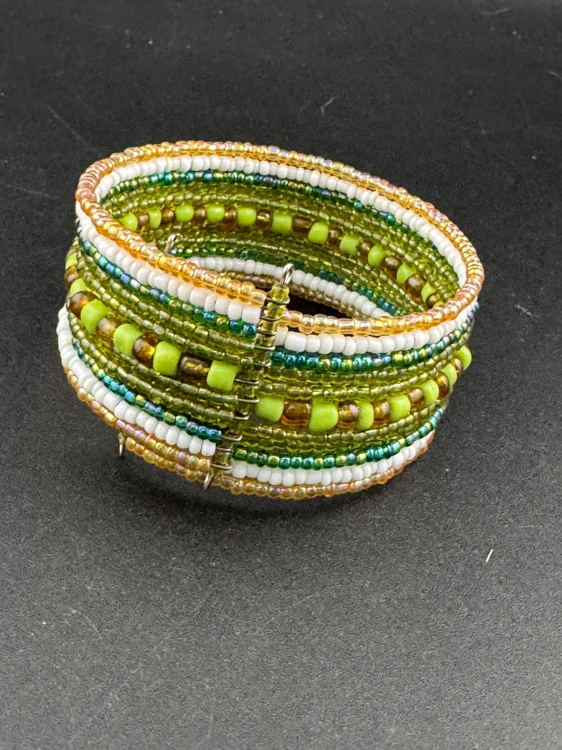 Retro GREEN and GOLD wide glass beaded wide wrap round adjustable bangle bracelets, boho festival vibes
