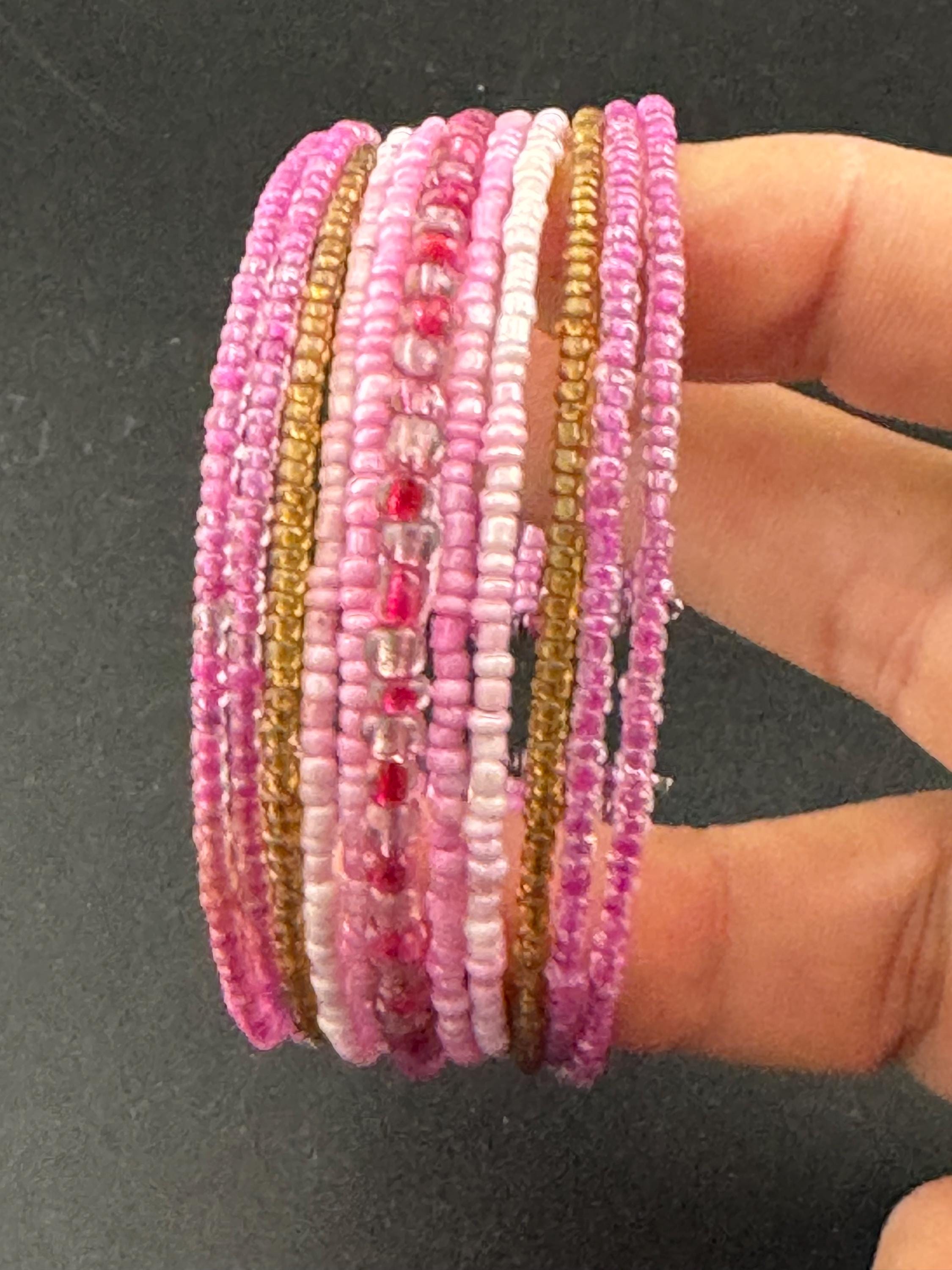 Retro PINK wide glass beaded wide wrap round adjustable bangle bracelets, boho festival vibes